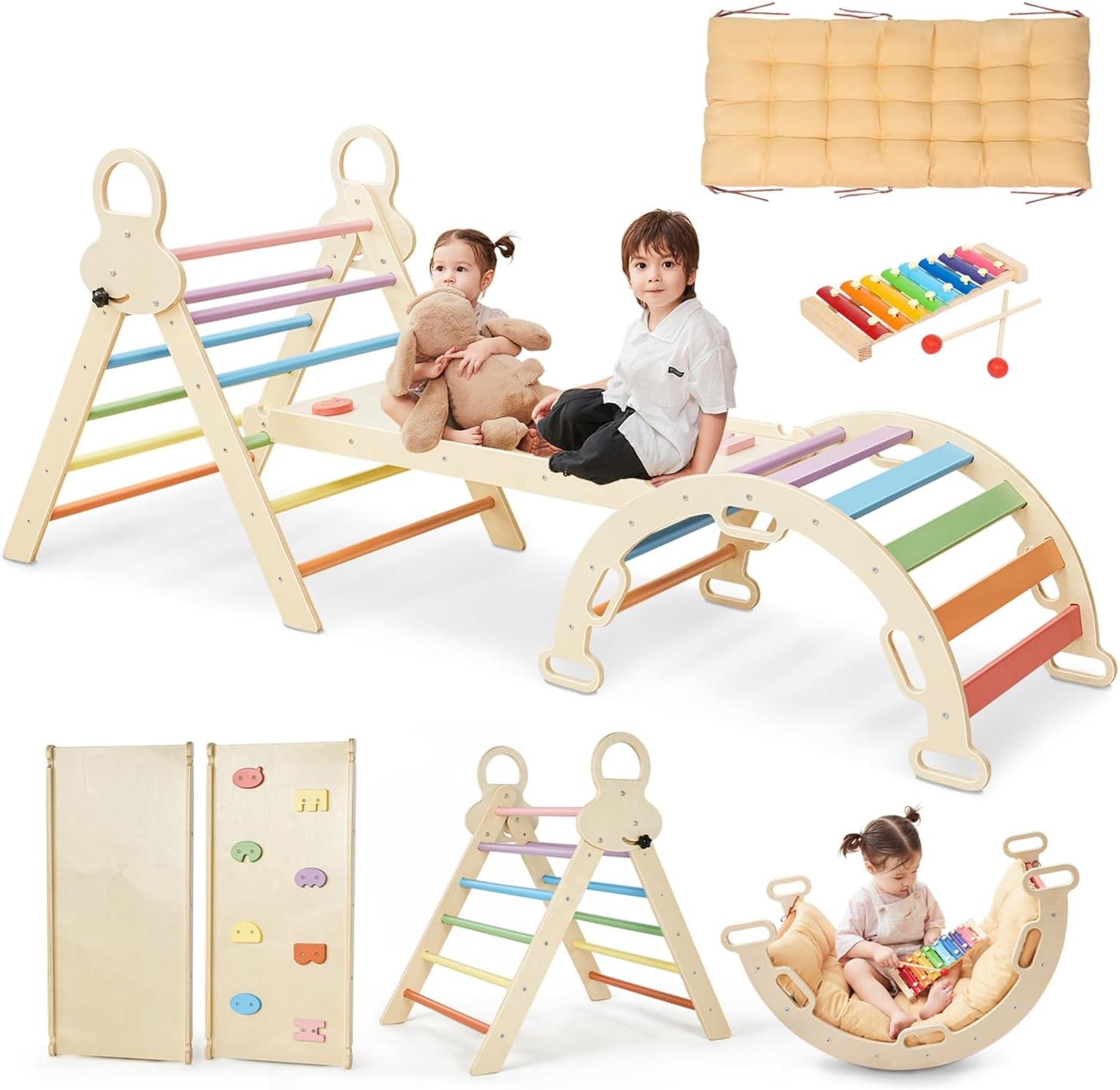 Pikler Triangle Set สำหรับเด็ก ของเล่นปีนป่ายขนาดใหญ่สีสันสดใส 8-in-1 จาก Montessori สำหรับเด็กวัยเตาะแตะอายุ 1-6 ปี พร้อมทางลาด ซุ้มประตู และสามเหลี่ยมปีนป่ายแบบพับได้ ของเล่นปีนป่าย สนามเด็กเล่นในร่มที่ทำจากไม้สำหรับเด็ก