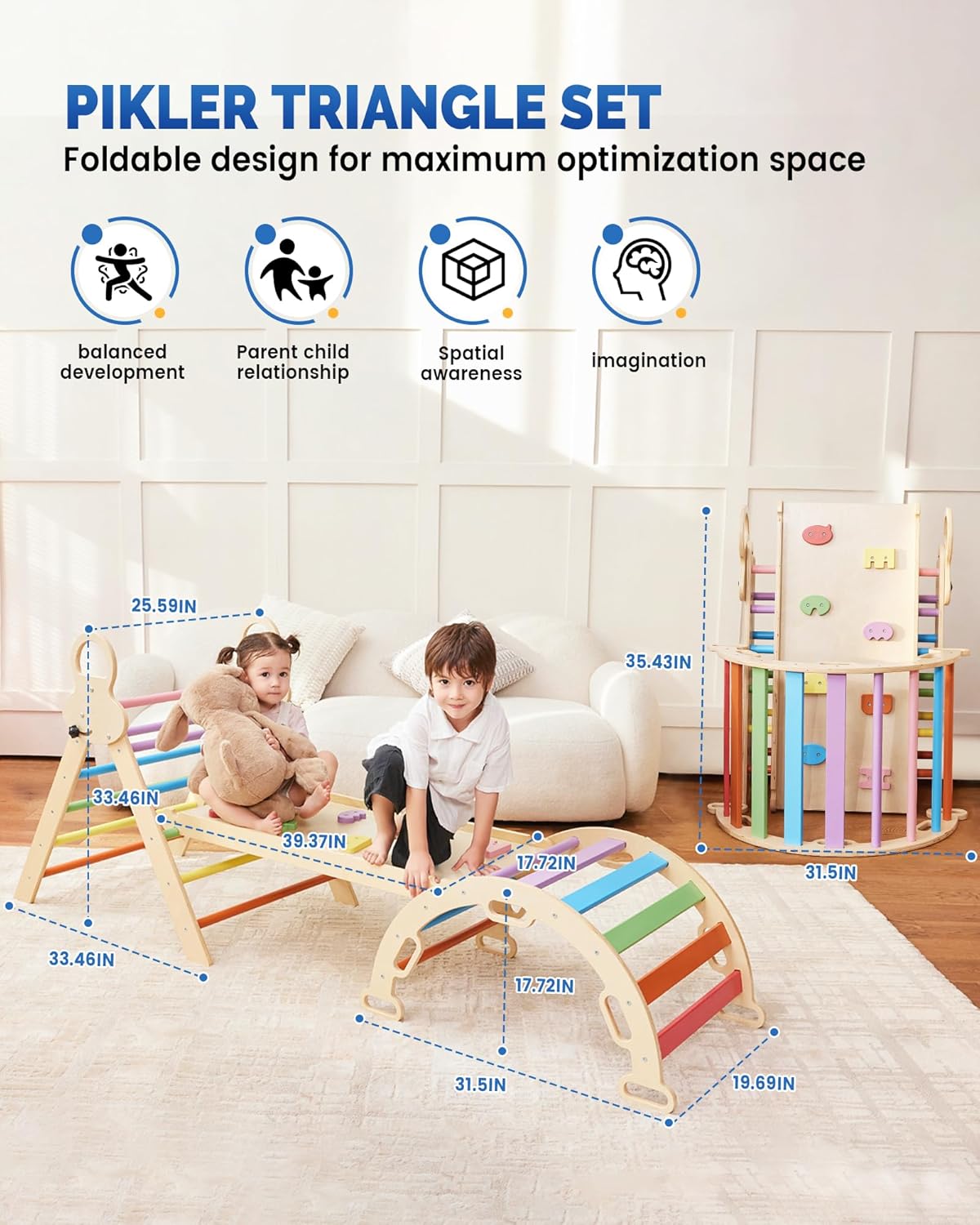 Pikler Triangle Set for kids, 8 in 1 Colorful Montessori Large Climbing Toys for Toddlers 1-6 Inside with Ramp, Arch and Foldable Climbing Triangle, Climbing Toys, Wooden Child Indoor Playground · v5
