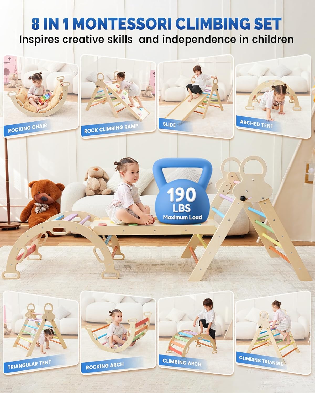 Pikler Triangle Set for kids, 8 in 1 Colorful Montessori Large Climbing Toys for Toddlers 1-6 Inside with Ramp, Arch and Foldable Climbing Triangle, Climbing Toys, Wooden Child Indoor Playground · v5