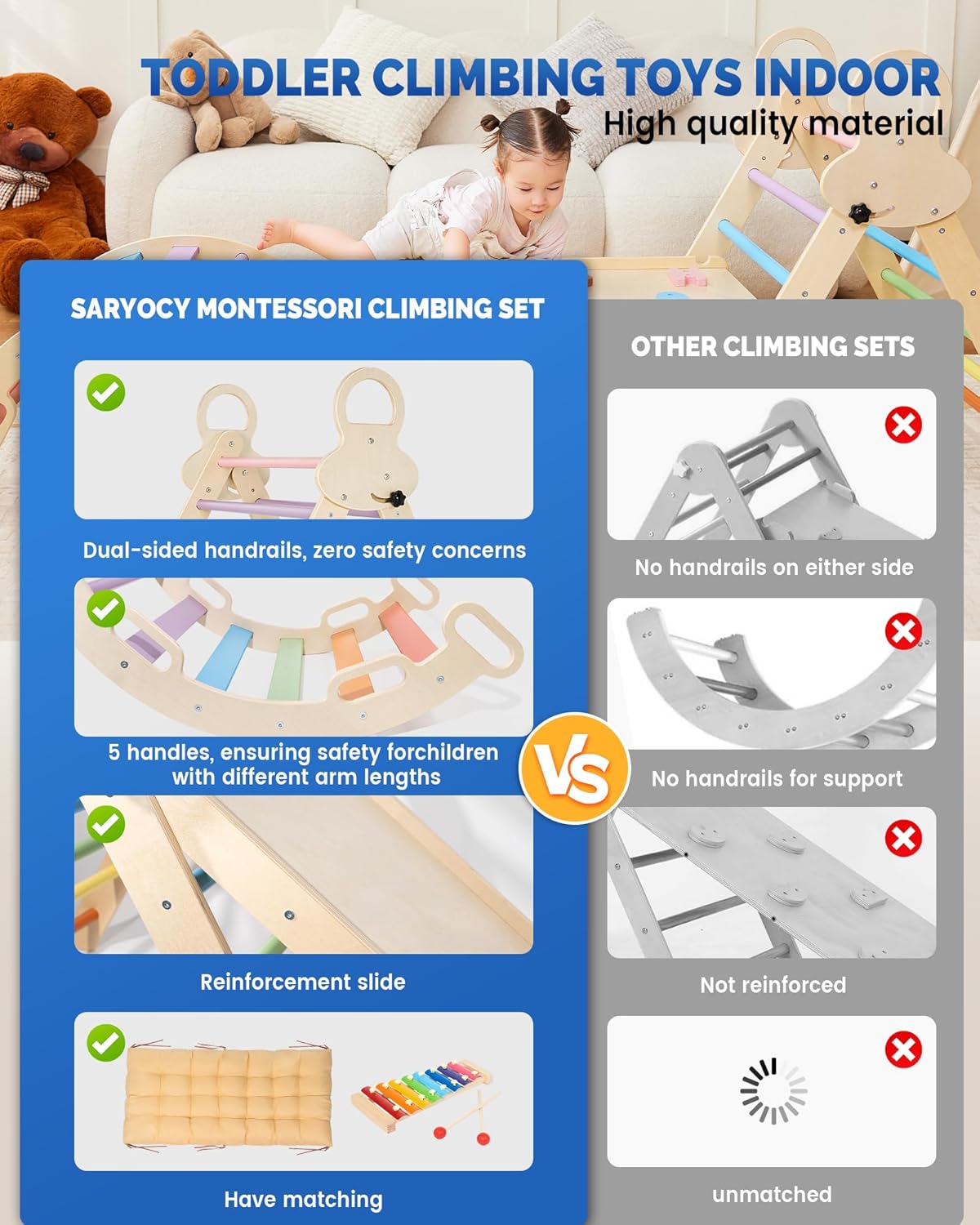 Pikler Triangle Set for kids, 8 in 1 Colorful Montessori Large Climbing Toys for Toddlers 1-6 Inside with Ramp, Arch and Foldable Climbing Triangle, Climbing Toys, Wooden Child Indoor Playground · v5