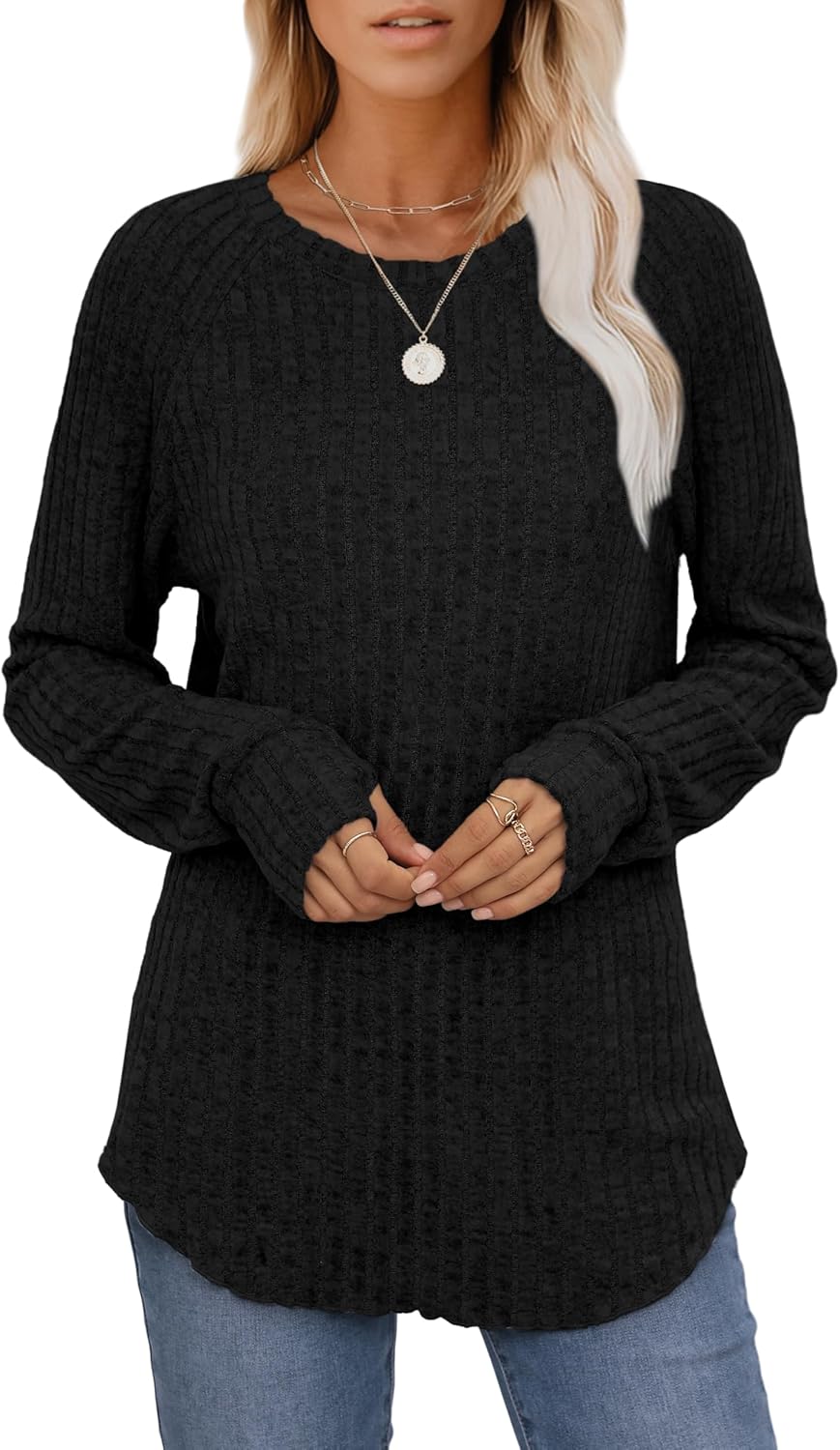Saloogoe Damskie topy z długim rękawem Crewneck Basic Lekka jesienna koszula z otworami na kciuk