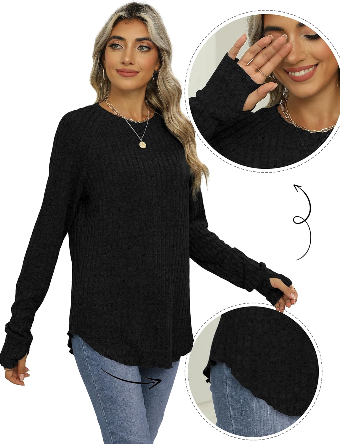 Saloogoe Damskie topy z długim rękawem Crewneck Basic Lekka jesienna koszula z otworami na kciuk