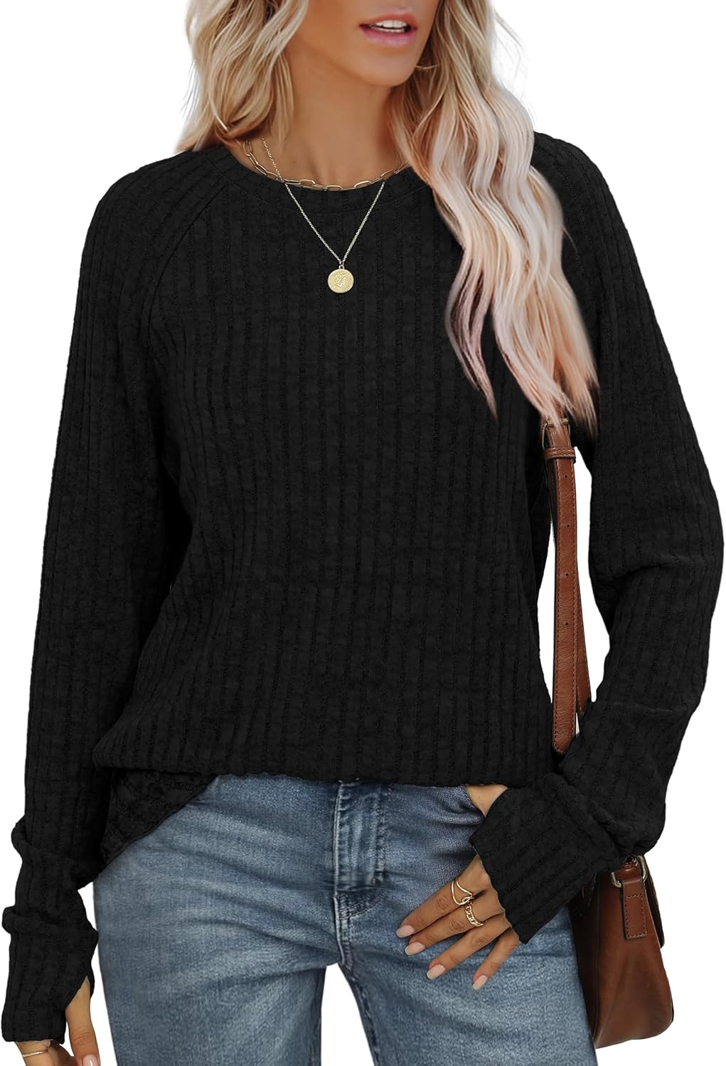 Saloogoe Damskie topy z długim rękawem Crewneck Basic Lekka jesienna koszula z otworami na kciuk