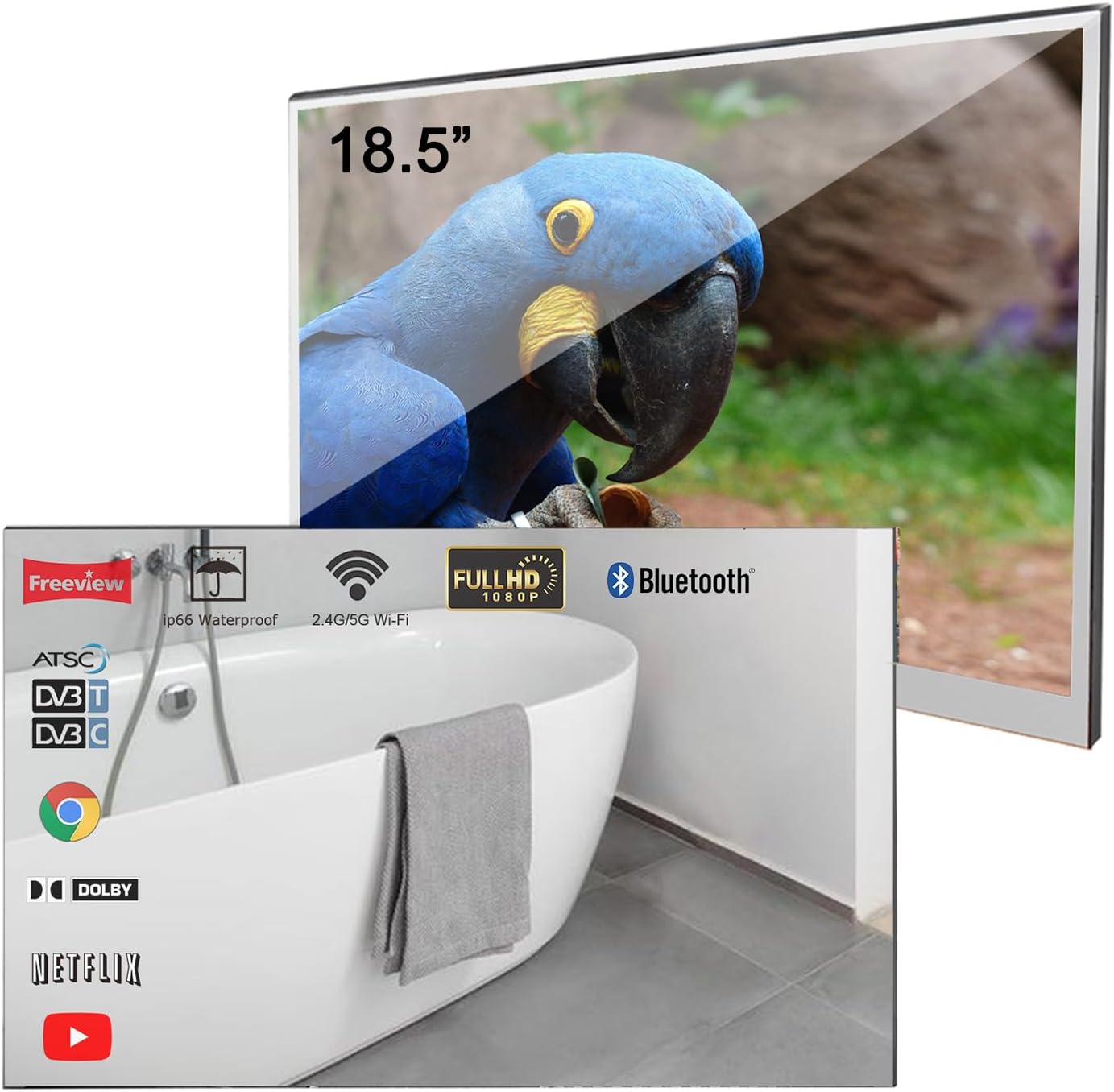 Soulaca 18.5 นิ้ว Android Smart Mini Mirror LED TV สำหรับห้องน้ำ IPX6 กันน้ำ Wi-Fi ในตัว บลูทูธ ATSC