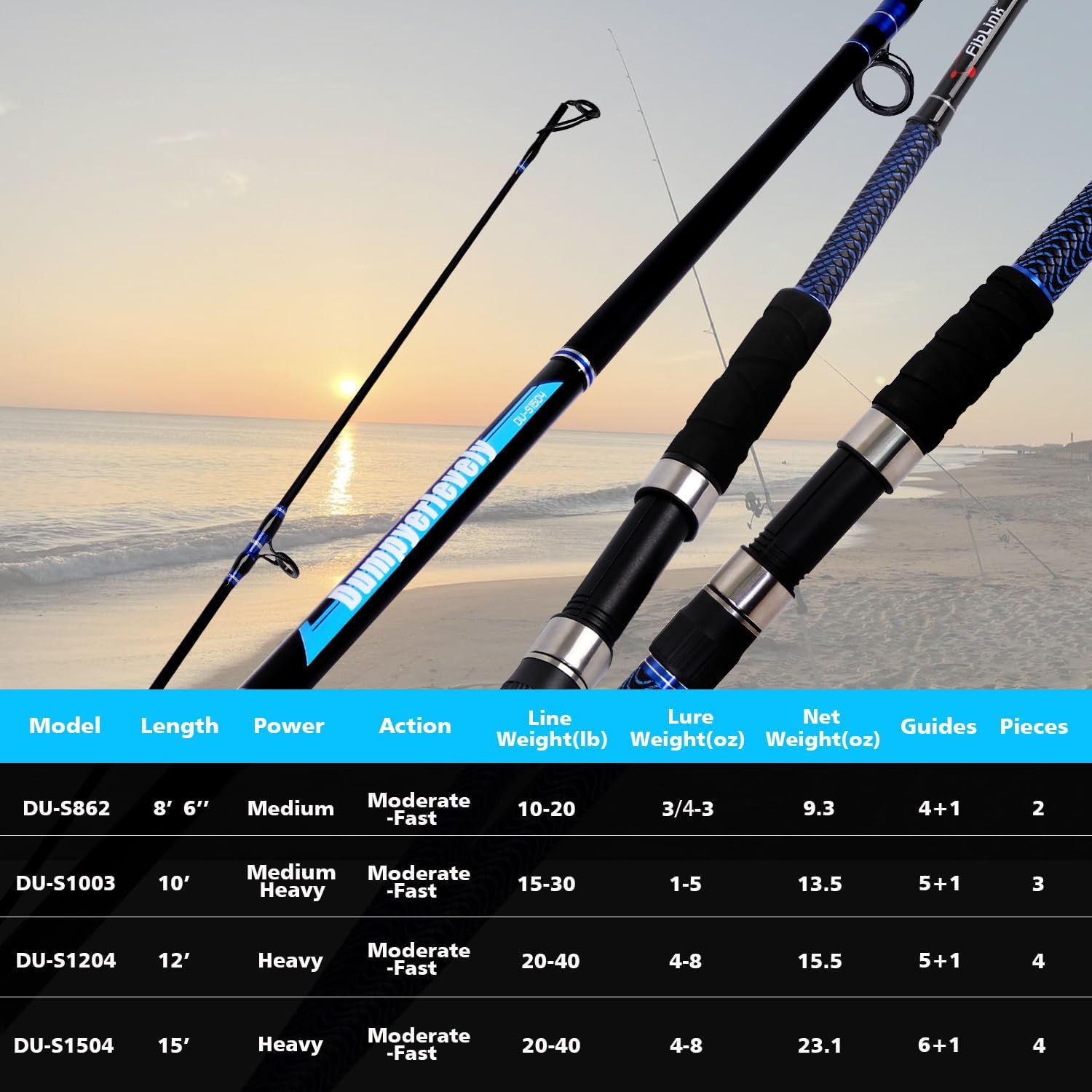 คันเบ็ดตกปลาแบบ Surf คันเบ็ดคาร์บอนแบบ Surf Spinning Rod พกพาสะดวกสำหรับตกปลาทะเลและชายหาด คันเบ็ดตกปลาแบบ Surf สีน้ำเงินพร้อมด้ามจับ SuperPolymer ขนาด 86/10'/12'/15'