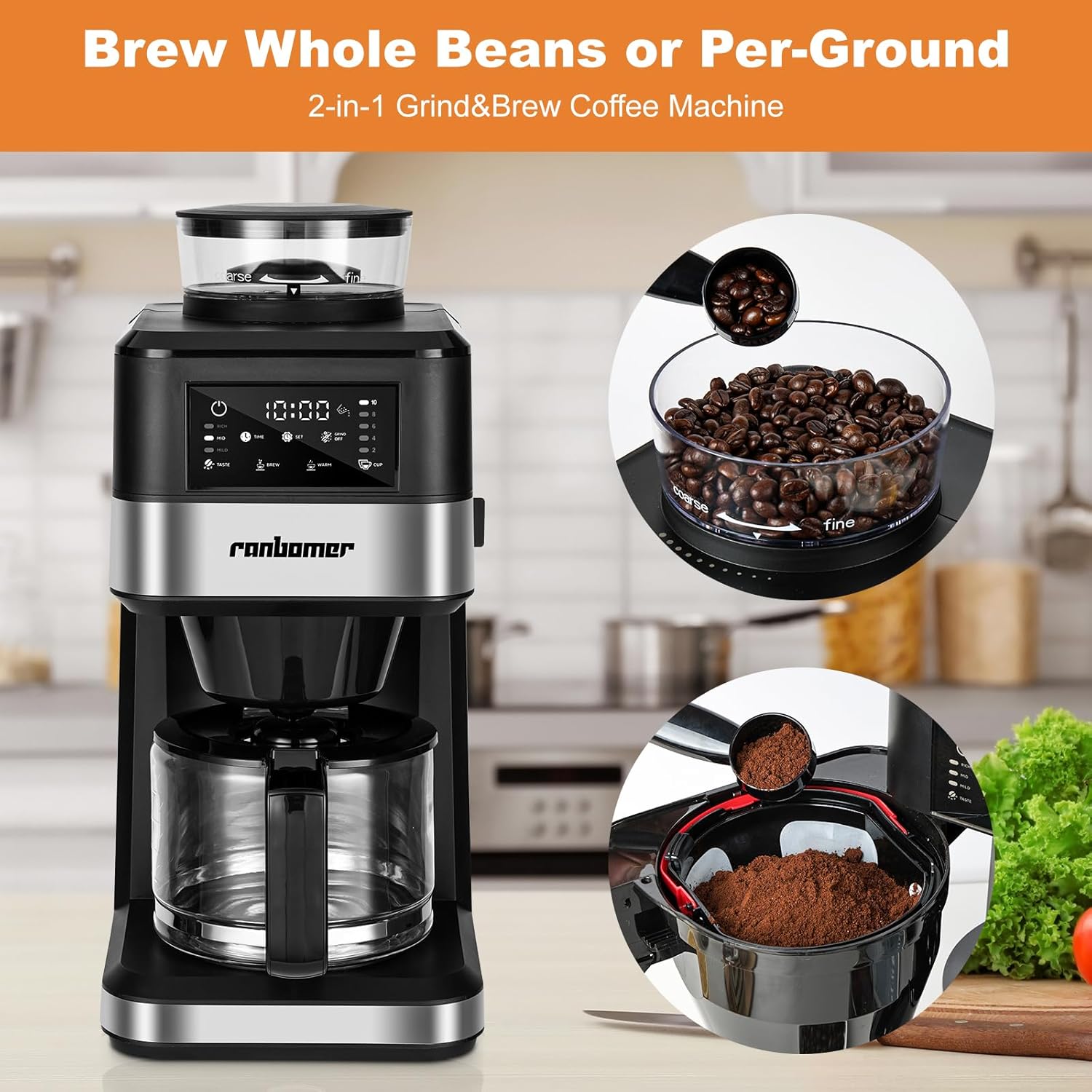Macchina da caffè Ranbomer con macinino, macchina da caffè da 10 tazze, macinatura programmabile, macchina da caffè Keep Warm Plate e macinacaffè combinato，51 oz