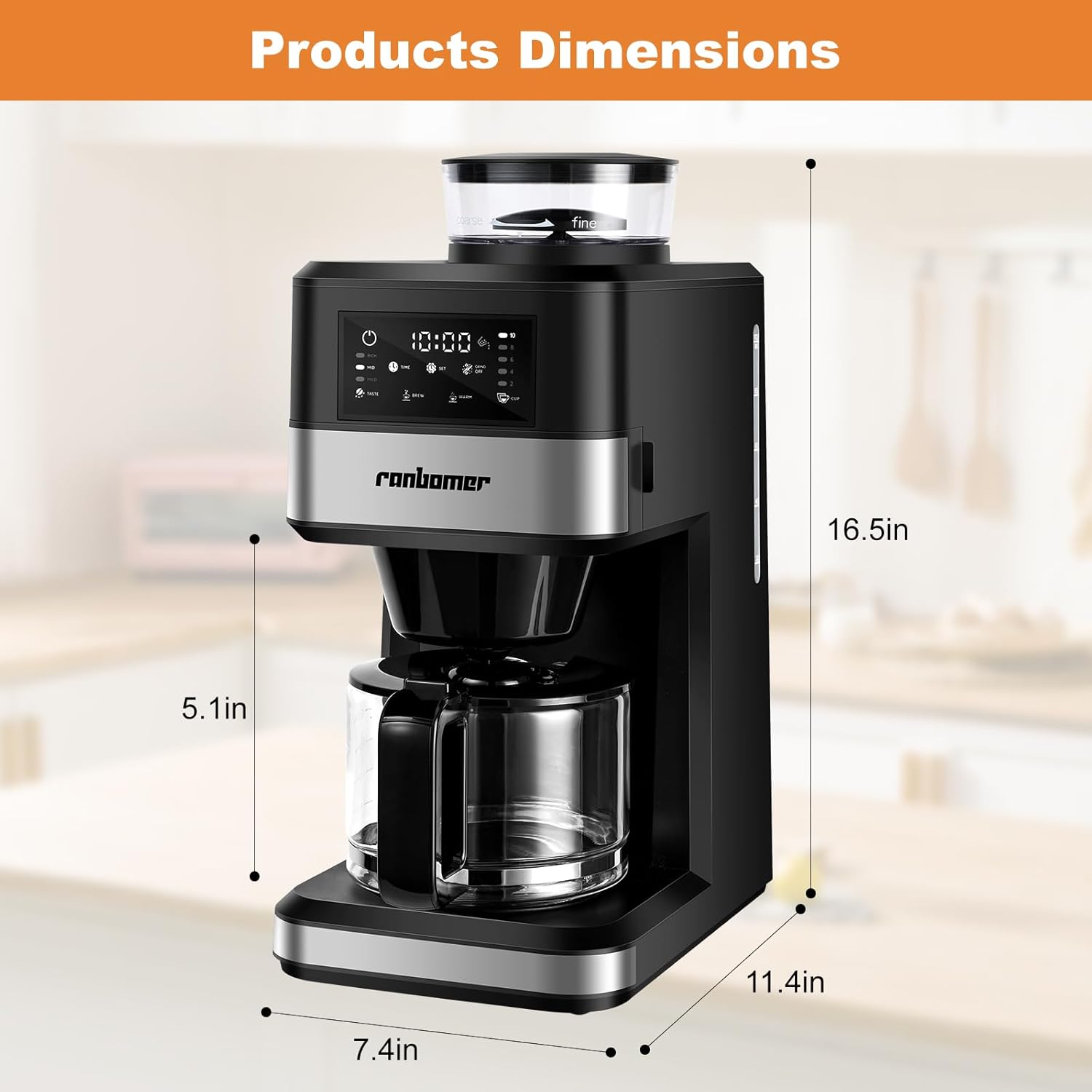 Macchina da caffè Ranbomer con macinino, macchina da caffè da 10 tazze, macinatura programmabile, macchina da caffè Keep Warm Plate e macinacaffè combinato，51 oz