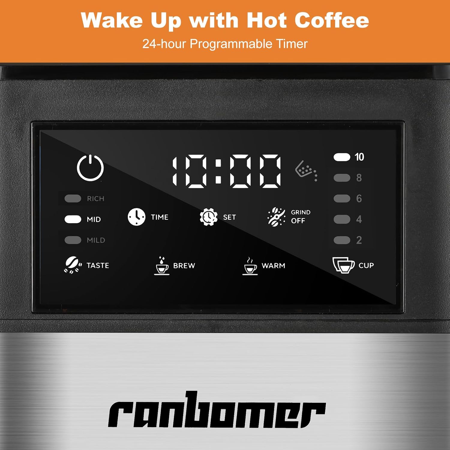 Macchina da caffè Ranbomer con macinino, macchina da caffè da 10 tazze, macinatura programmabile, macchina da caffè Keep Warm Plate e macinacaffè combinato，51 oz