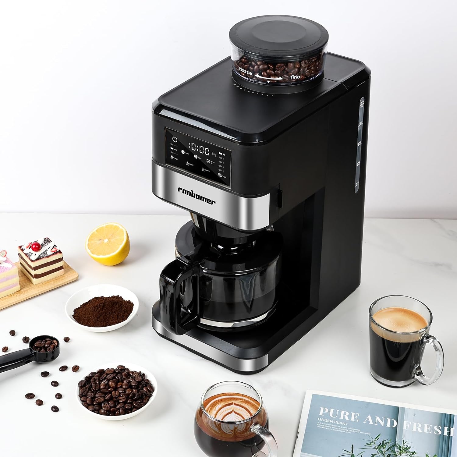 Macchina da caffè Ranbomer con macinino, macchina da caffè da 10 tazze, macinatura programmabile, macchina da caffè Keep Warm Plate e macinacaffè combinato，51 oz