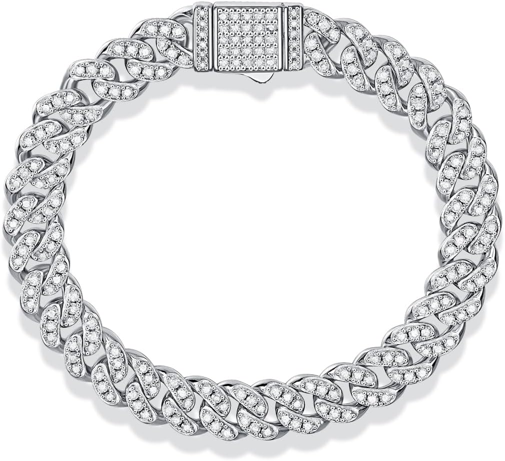 FANCIME Bracciale in moissanite da 3-3,54 carati, bracciale a maglie cubane in moissanite creato in laboratorio, 8 mm, in argento sterling 925, colore D, colore D, VVS1 Bracciale a maglie diamantate Miami a taglio rotondo per donna e uomo