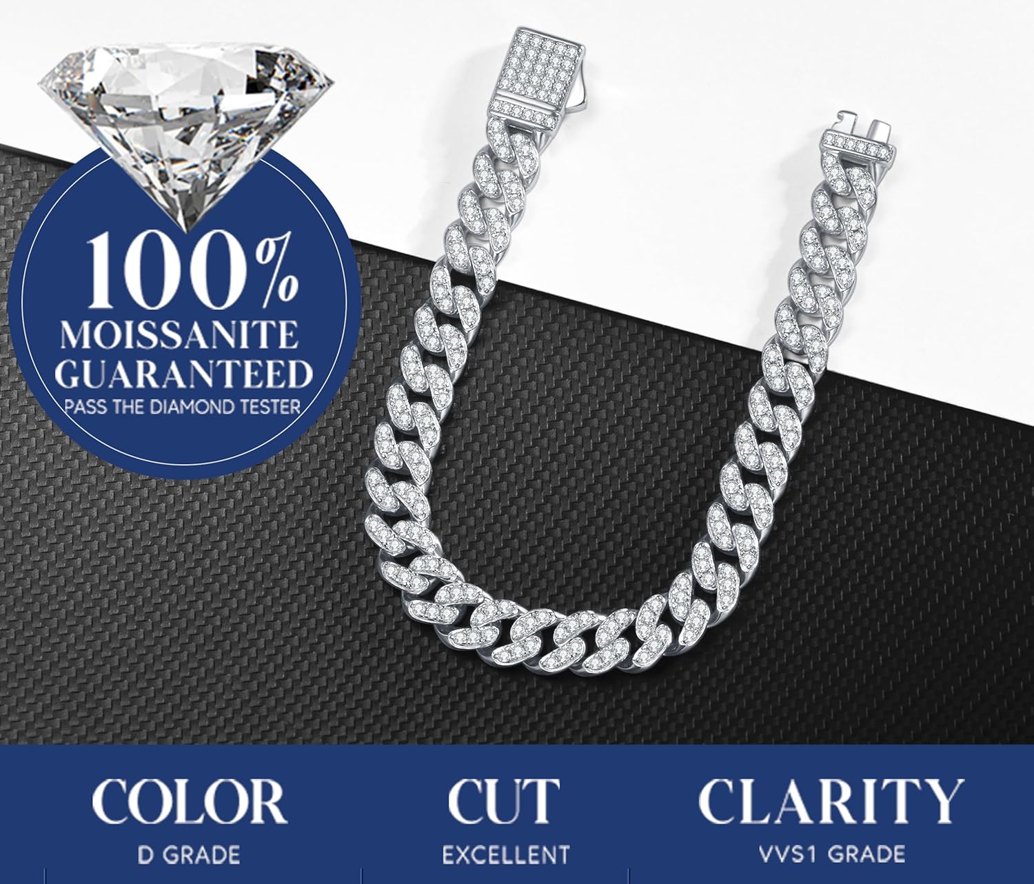 FANCIME 3-3.54 Carats Moissanite Bracelet,8MM Lab Created Moissanite Cuban Link Bracelet 925 Sterling Silver Cuban Bracelet D Color VVS1 Round Cut Bling Iced Out Miami Diamond Link Bracelet for Women Men · v4