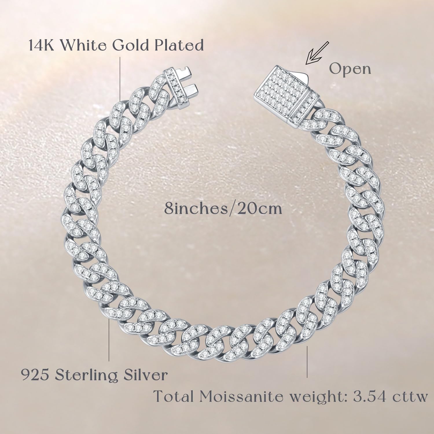 FANCIME 3-3.54 Carats Moissanite Bracelet,8MM Lab Created Moissanite Cuban Link Bracelet 925 Sterling Silver Cuban Bracelet D Color VVS1 Round Cut Bling Iced Out Miami Diamond Link Bracelet for Women Men · v4