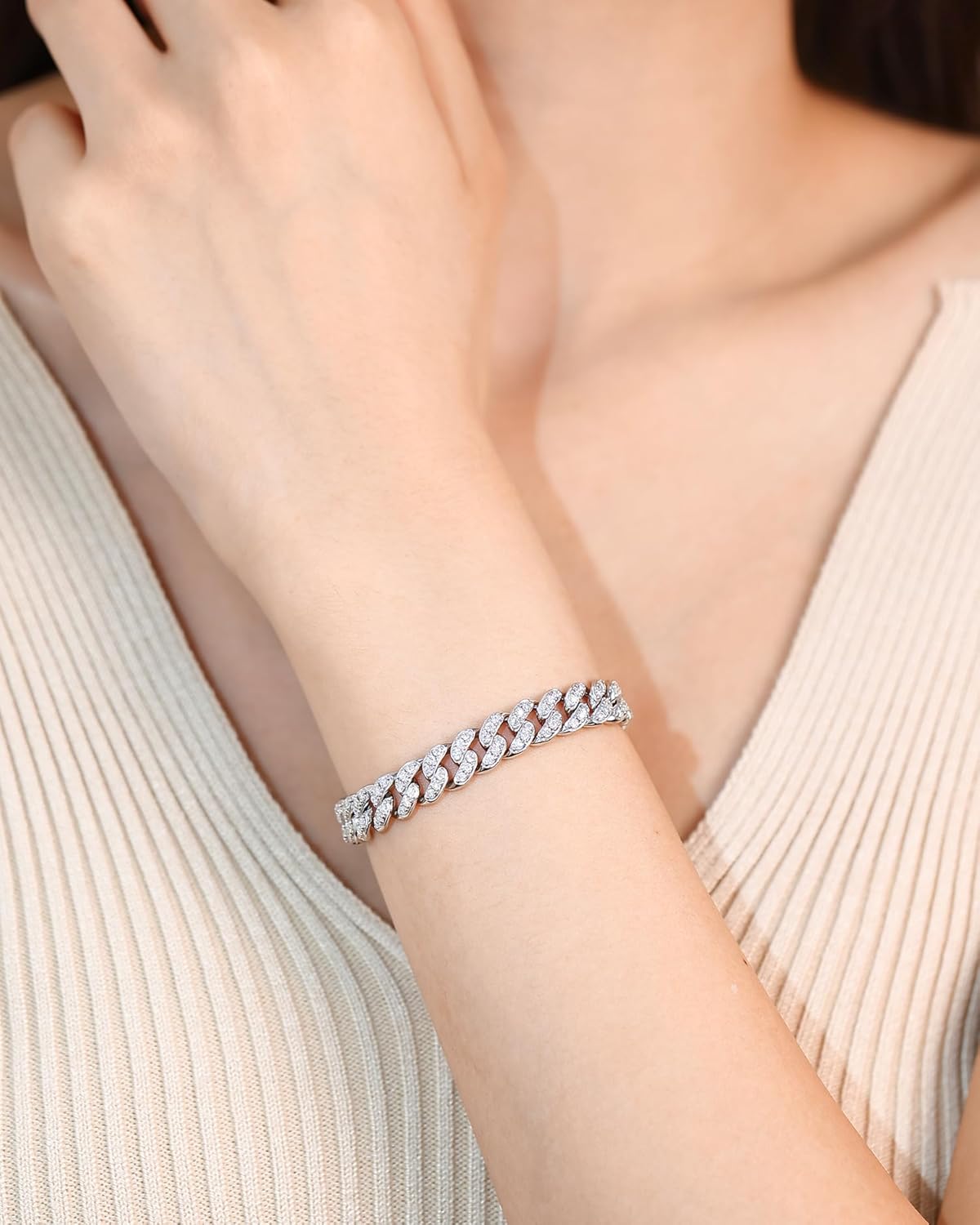 FANCIME 3-3.54 Carats Moissanite Bracelet,8MM Lab Created Moissanite Cuban Link Bracelet 925 Sterling Silver Cuban Bracelet D Color VVS1 Round Cut Bling Iced Out Miami Diamond Link Bracelet for Women Men · v4