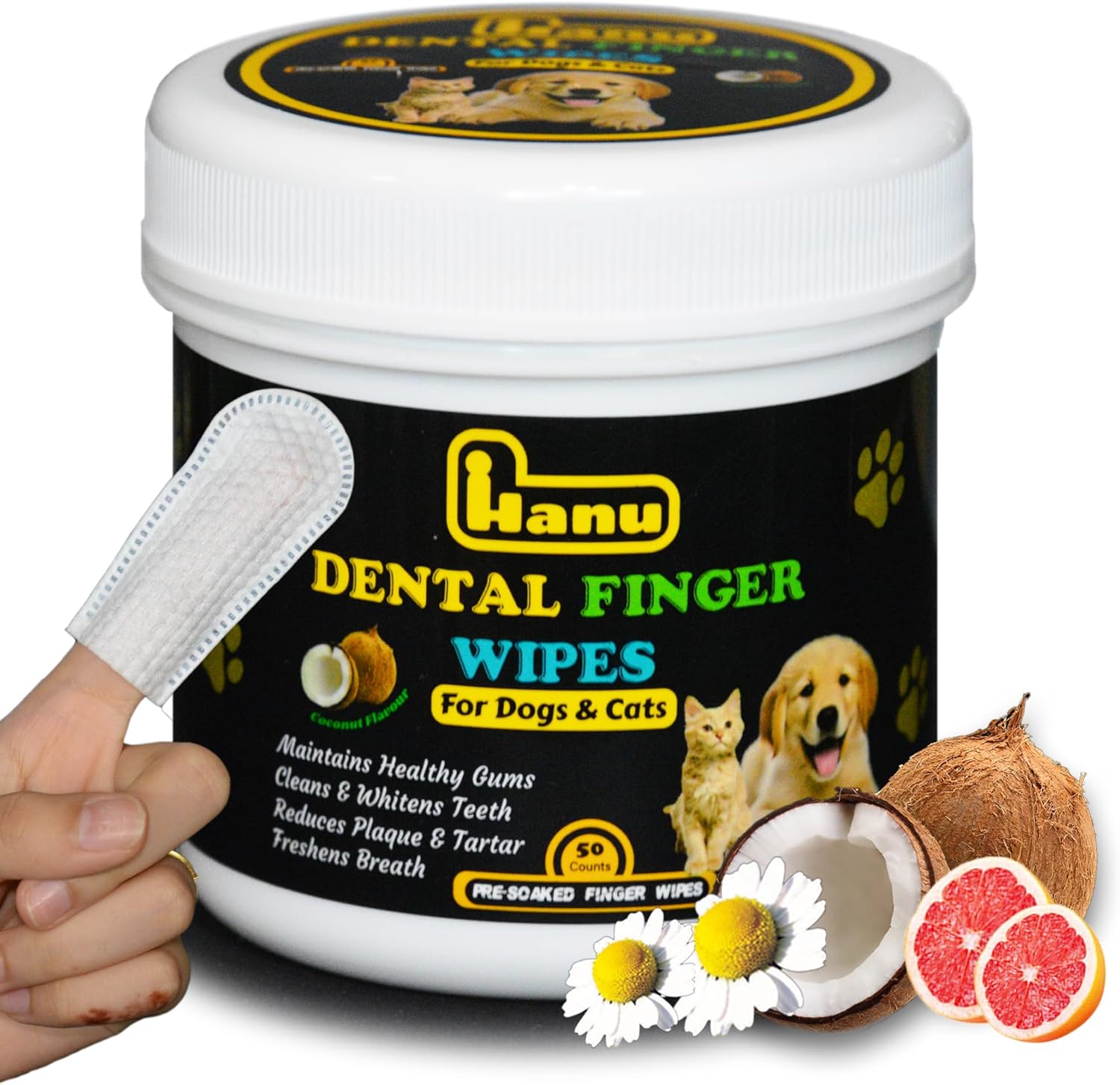 Salviettine dentali Hanu per animali domestici - 50 pezzi - Salviette per la pulizia dei denti Spazzolino da denti Salviette per la cura delle gengive, rimuovi placca naturale e tartaro - Alito fresco per cani e gatti - Raccomandato dal veterinario