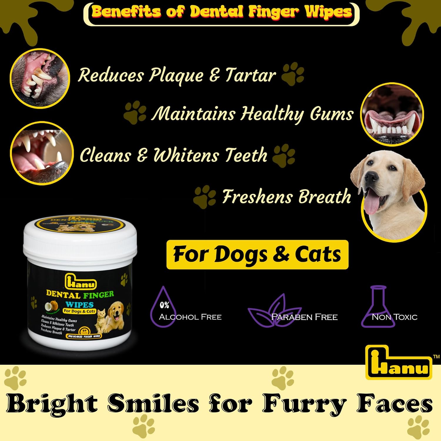 Salviettine dentali Hanu per animali domestici - 50 pezzi - Salviette per la pulizia dei denti Spazzolino da denti Salviette per la cura delle gengive, rimuovi placca naturale e tartaro - Alito fresco per cani e gatti - Raccomandato dal veterinario