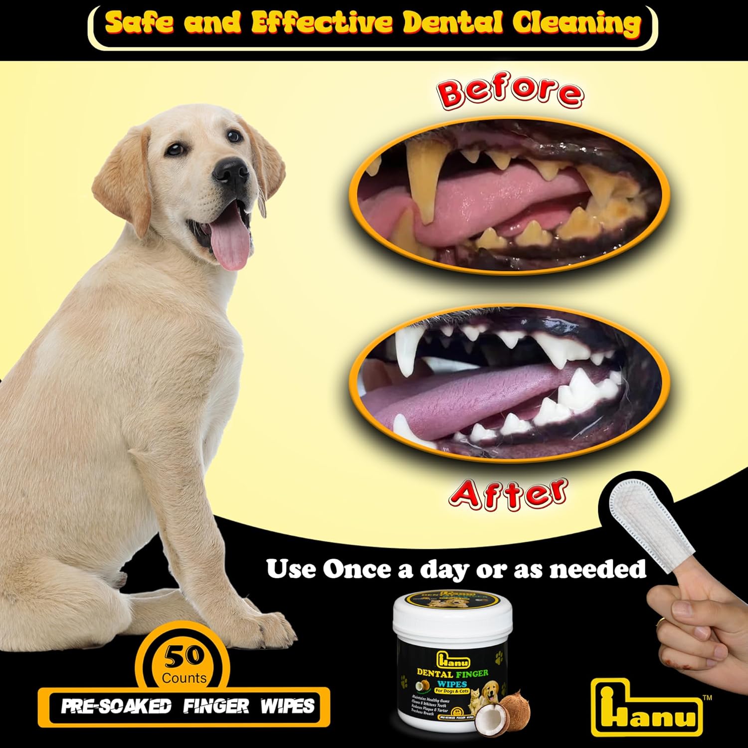 Salviettine dentali Hanu per animali domestici - 50 pezzi - Salviette per la pulizia dei denti Spazzolino da denti Salviette per la cura delle gengive, rimuovi placca naturale e tartaro - Alito fresco per cani e gatti - Raccomandato dal veterinario