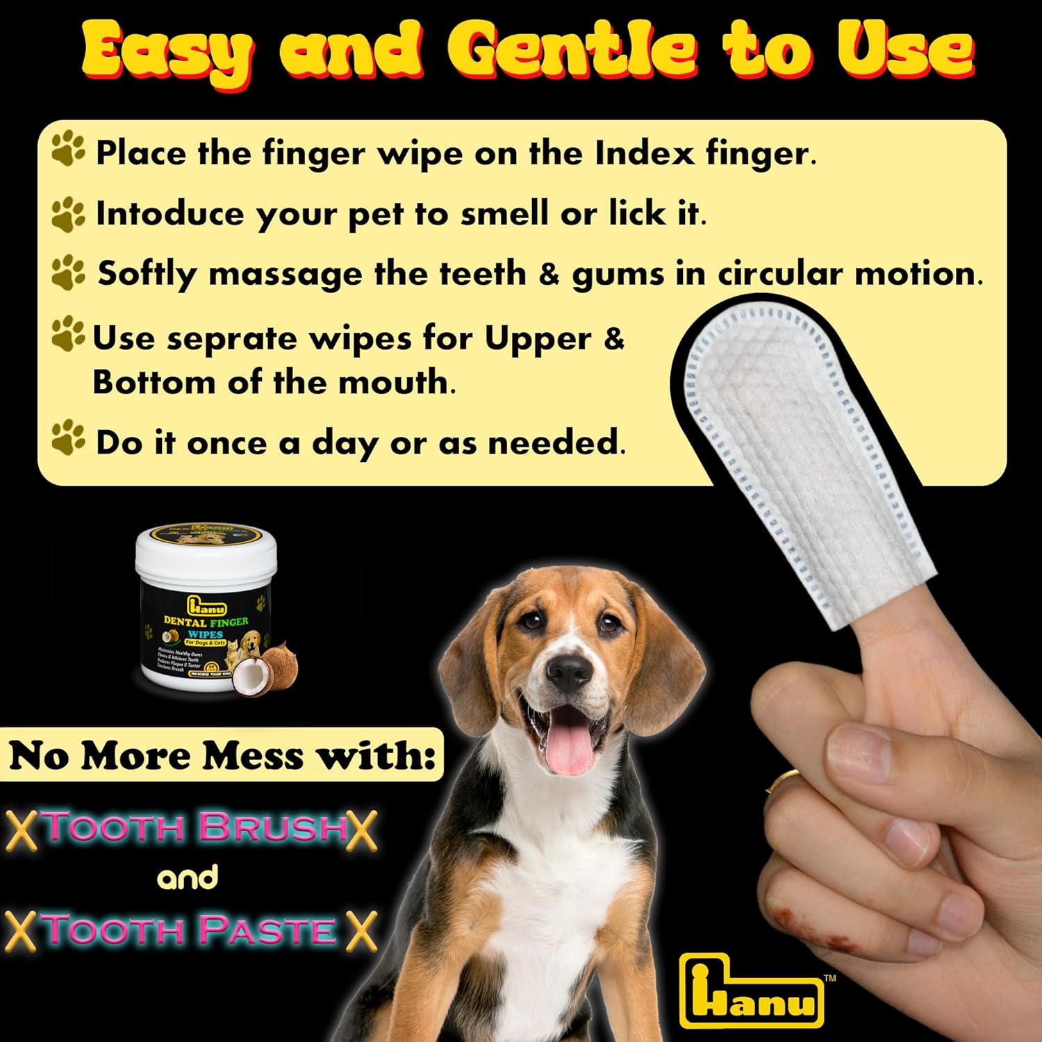 Salviettine dentali Hanu per animali domestici - 50 pezzi - Salviette per la pulizia dei denti Spazzolino da denti Salviette per la cura delle gengive, rimuovi placca naturale e tartaro - Alito fresco per cani e gatti - Raccomandato dal veterinario