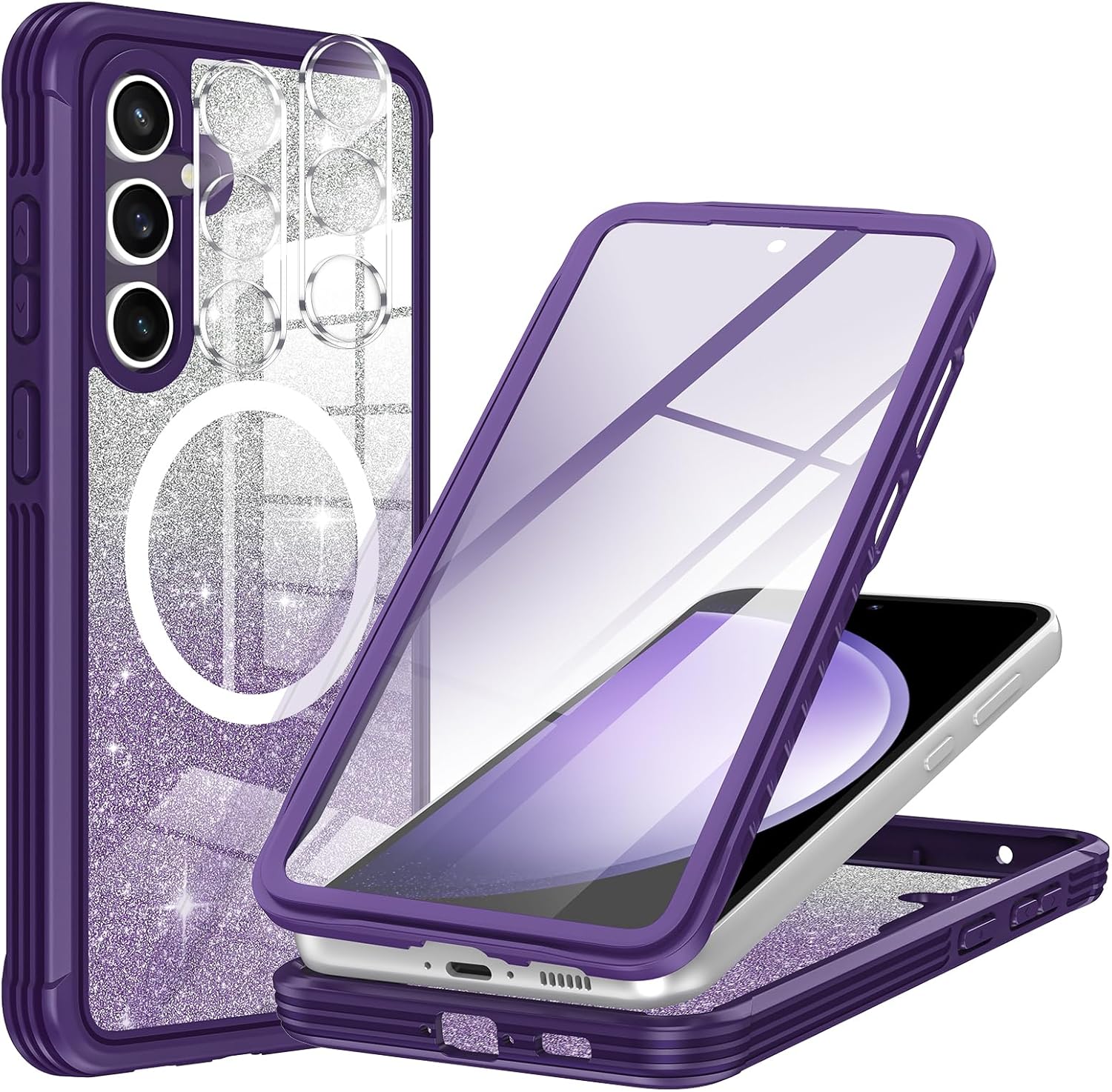 Hekodonk for Samsung Galaxy S23 FE Case Glitter,Compatible with MagSafe[Built-in Screen Protector Camera Lens Protector] Full Body Shockproof Protective Bling Phone Case for Galaxy S23 FE,Amethyst