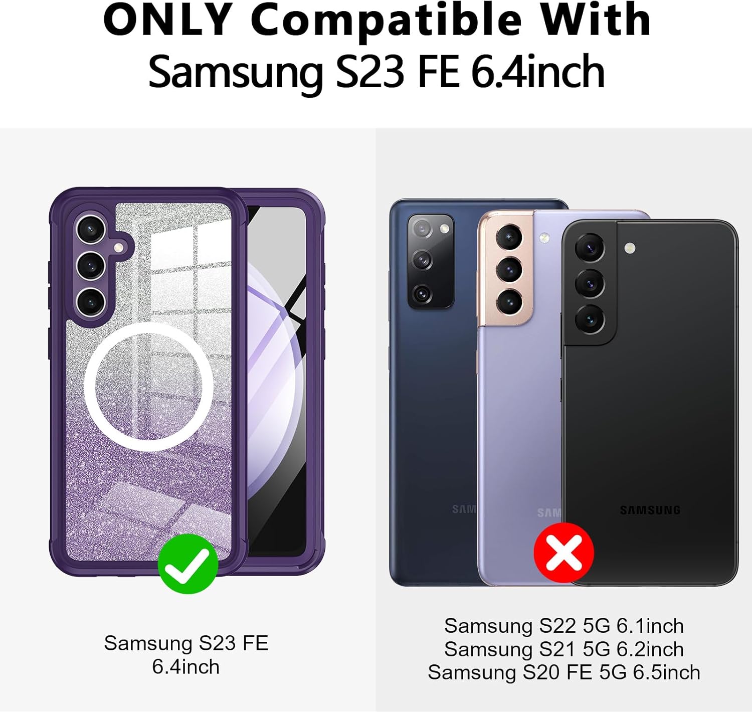 Hekodonk for Samsung Galaxy S23 FE Case Glitter,Compatible with MagSafe[Built-in Screen Protector Camera Lens Protector] Full Body Shockproof Protective Bling Phone Case for Galaxy S23 FE,Amethyst