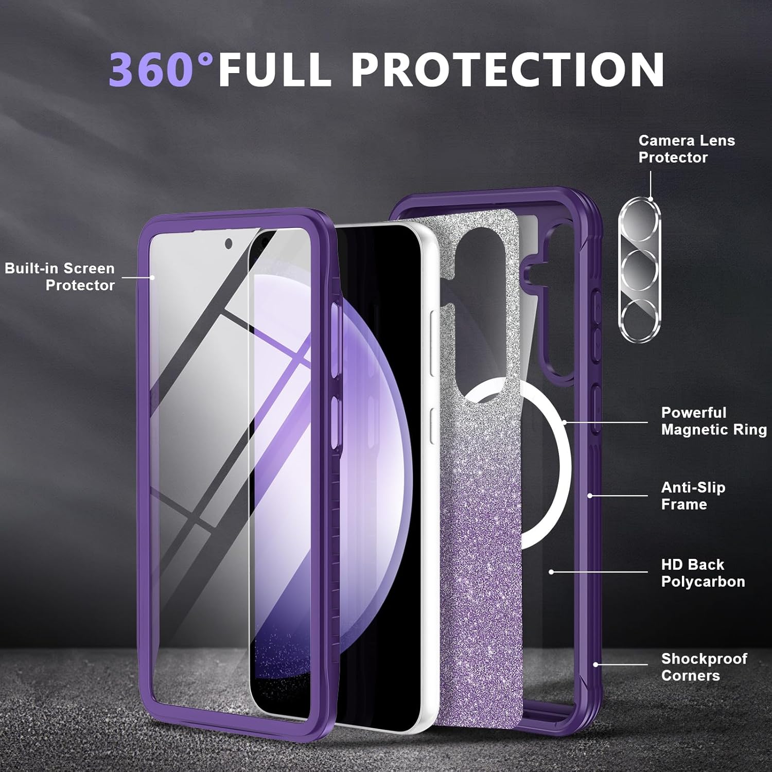 Hekodonk for Samsung Galaxy S23 FE Case Glitter,Compatible with MagSafe[Built-in Screen Protector Camera Lens Protector] Full Body Shockproof Protective Bling Phone Case for Galaxy S23 FE,Amethyst