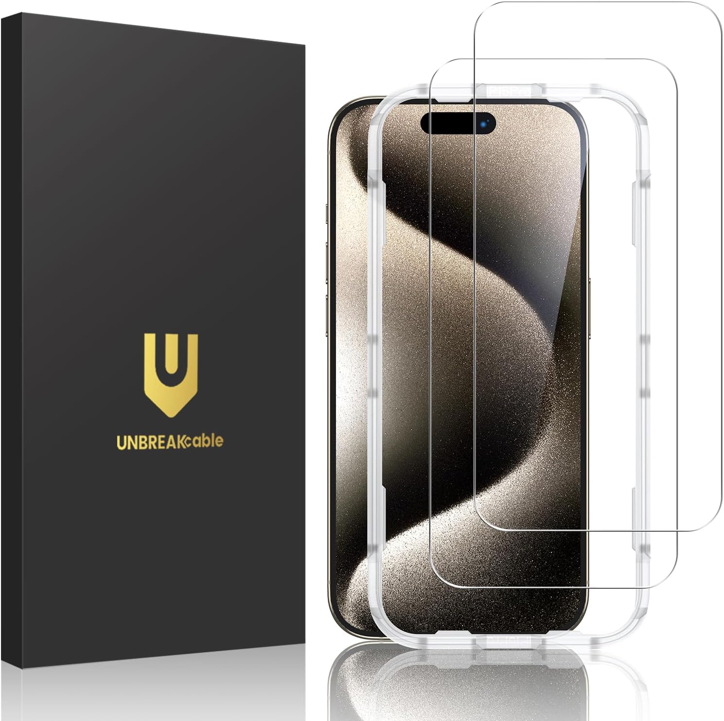 UNBREAKcable Tempered Glass Screen Protector for iPhone 15 Pro [Easy Installation Frame] [9H Hardness] [99.99% HD Clear][Bubble Free] for Apple 6.1” -2-Pack