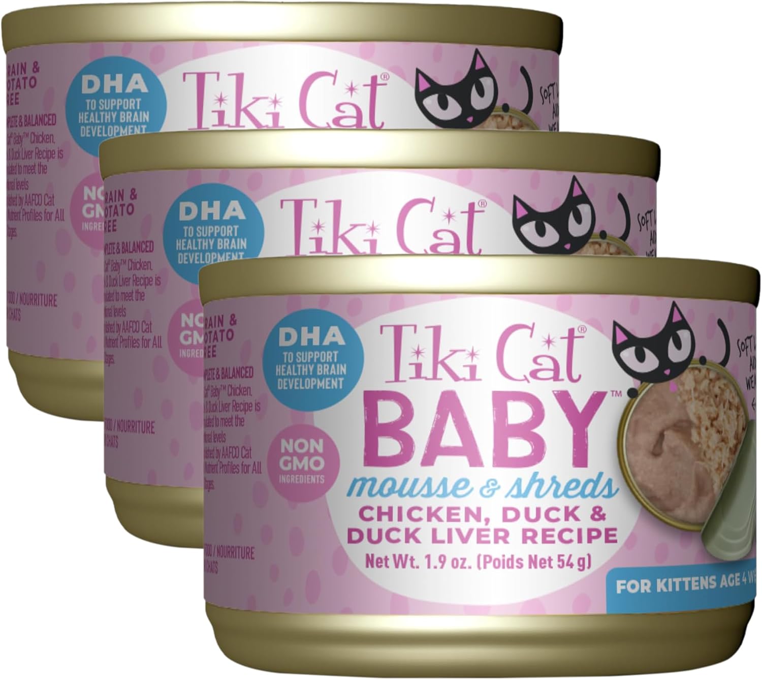 Tiki Cat Baby, Chicken Duck  Duck Liver Mousse amp; Shreds, High-Protein and Flavorful, Wet Cat Food for Kittens 4 Weeks Plus, 1.9 oz. Cans (Pack of 9) · v6