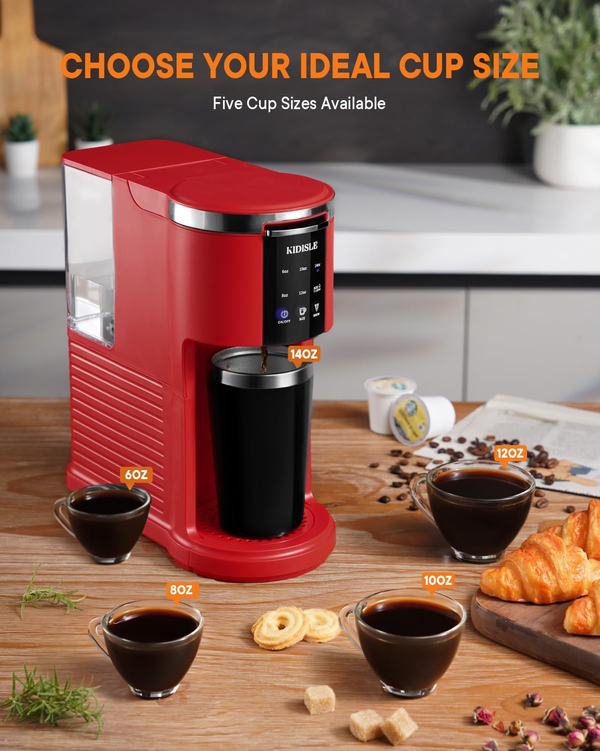 Single Serve Coffee Machine, 3 in 1 Pod Coffee Maker for K Cup Pods  Ground Coffee amp; Teas, 6 to 14oz Brew Sizes, with 40oz Removable Water Reservoir, Descale Settings, Red · v2