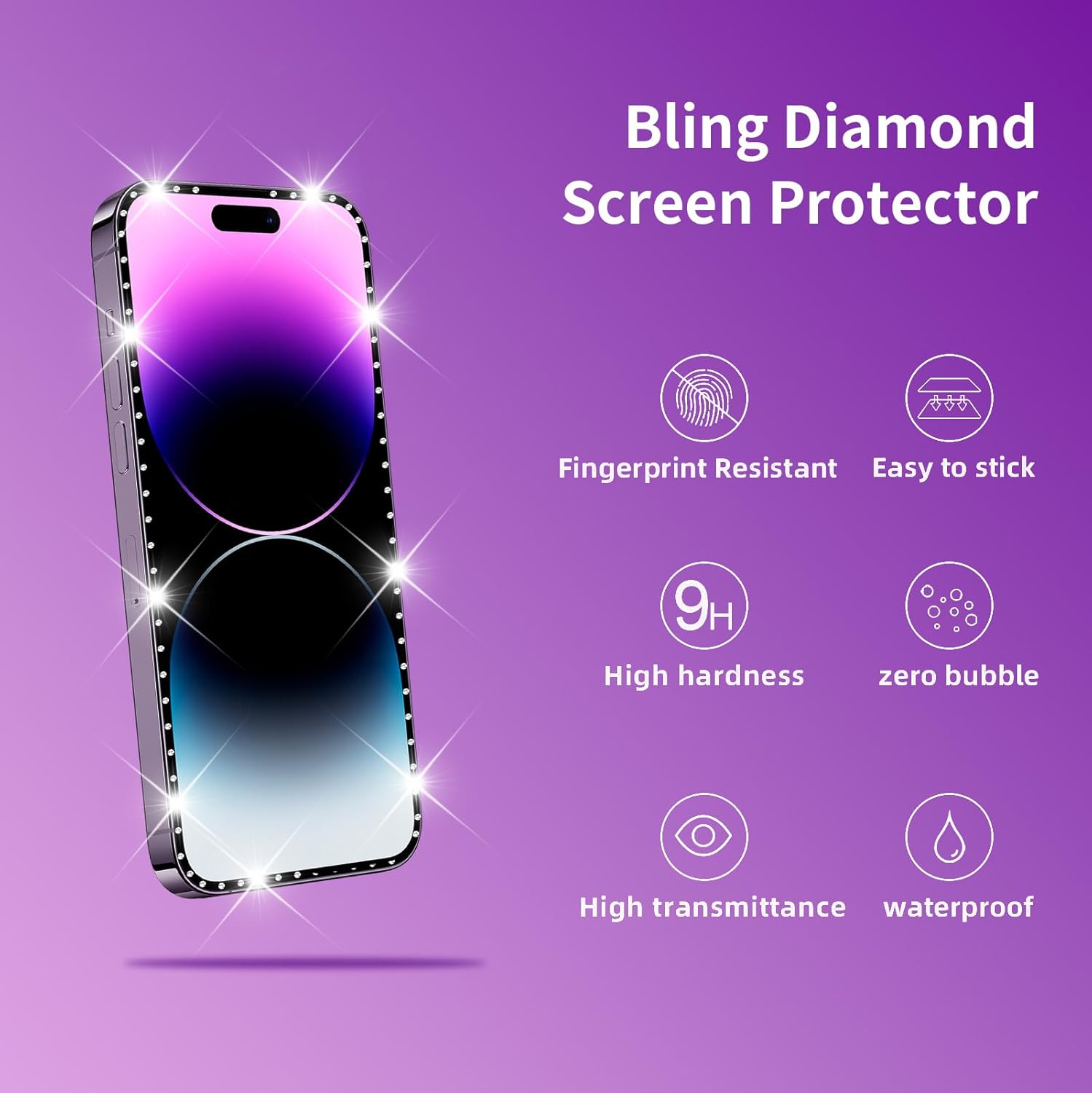 3 Pack Screen Protector with Diamonds for iPhone 15 Plus (6.7) Screen Protector Tempered Glass, Case Friendly Anti Scratch Bubble Free Ultra Resistant
