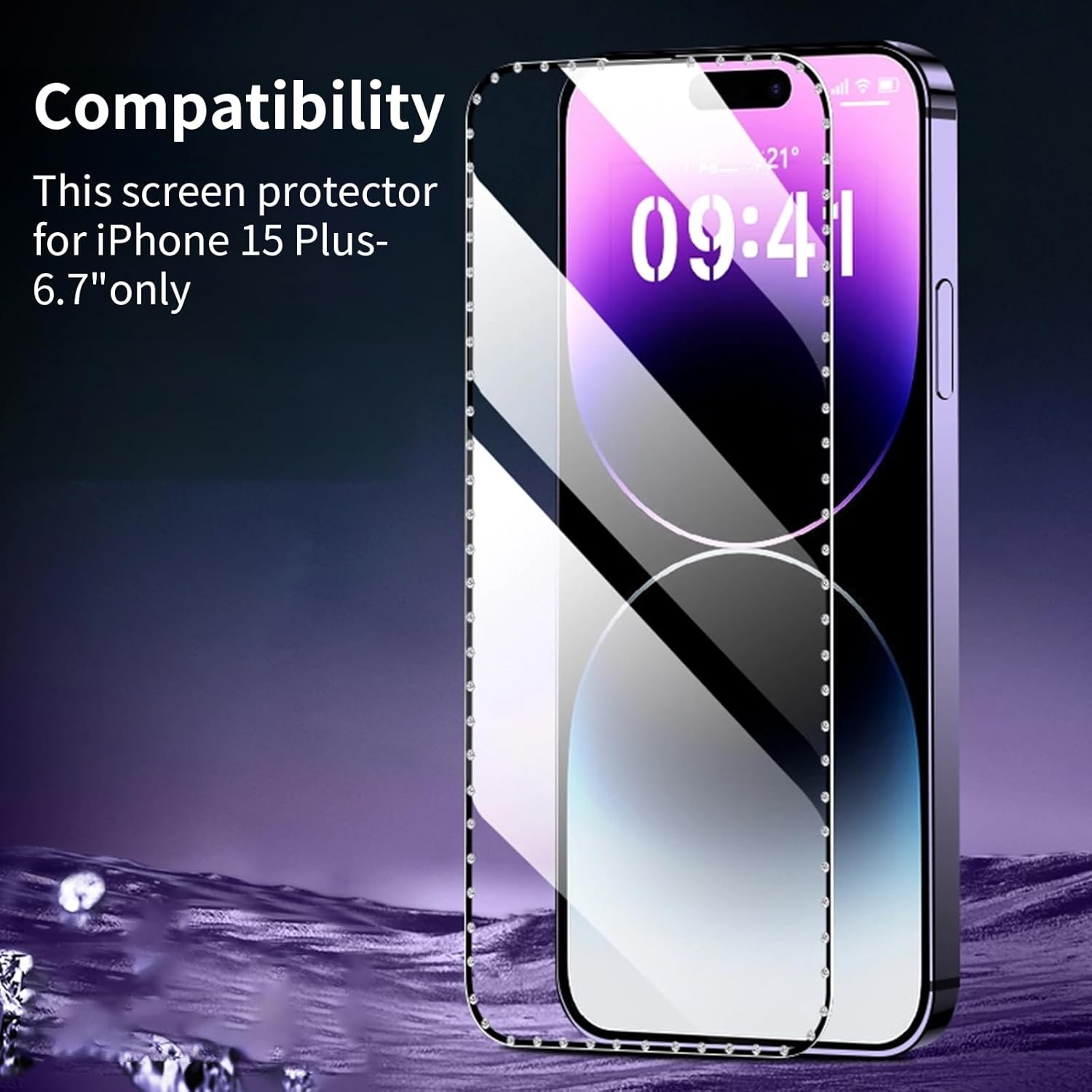 3 Pack Screen Protector with Diamonds for iPhone 15 Plus (6.7) Screen Protector Tempered Glass, Case Friendly Anti Scratch Bubble Free Ultra Resistant