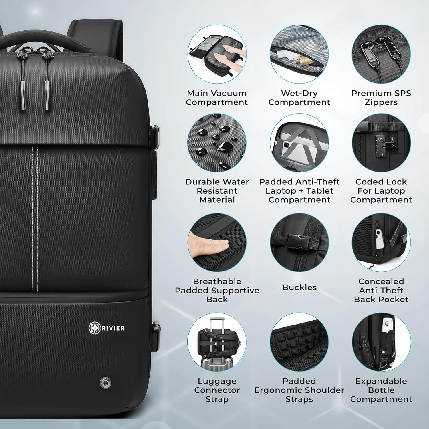 Airback-Laptop-Reiserucksack, erweiterbar mit Vakuumkompression und Pumpe, Tragetasche für persönliche Gegenstände mit Diebstahlsicherung, wasserfest, flugtauglicher 17-Zoll-Laptop, Herren und Damen, Vacpack