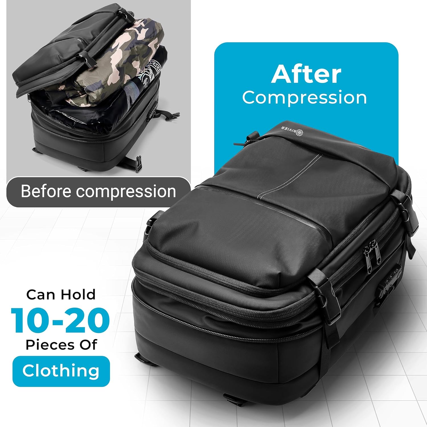 Airback-Laptop-Reiserucksack, erweiterbar mit Vakuumkompression und Pumpe, Tragetasche für persönliche Gegenstände mit Diebstahlsicherung, wasserfest, flugtauglicher 17-Zoll-Laptop, Herren und Damen, Vacpack