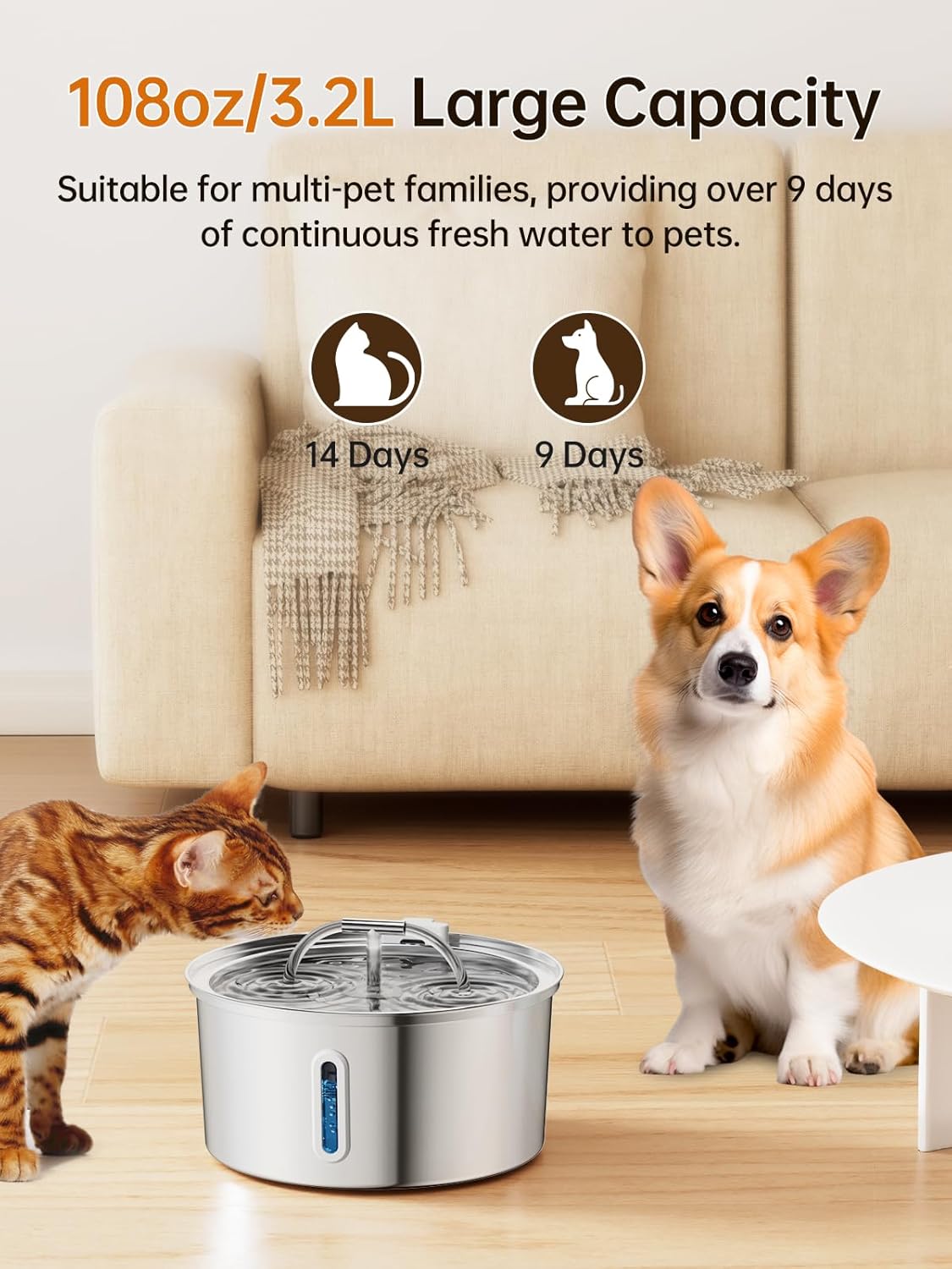 Cat Water Fountain Stainless Steel, 3.2L/108Oz Pet Water Fountain for Drinking, Automatic Metal Dog Water Dispenser Bowl with Quiet Pump, Dual-Stream, Filtration for Cats, Dogs, Multiple Pets Indoor · v6