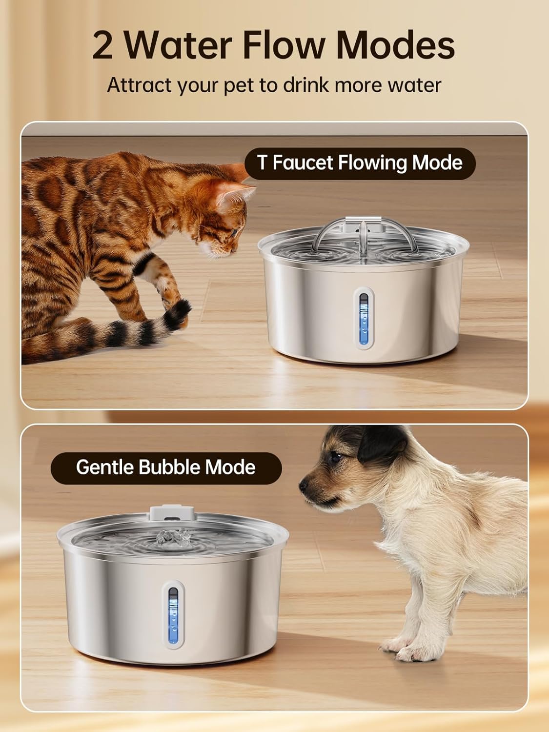 Cat Water Fountain Stainless Steel, 3.2L/108Oz Pet Water Fountain for Drinking, Automatic Metal Dog Water Dispenser Bowl with Quiet Pump, Dual-Stream, Filtration for Cats, Dogs, Multiple Pets Indoor · v6