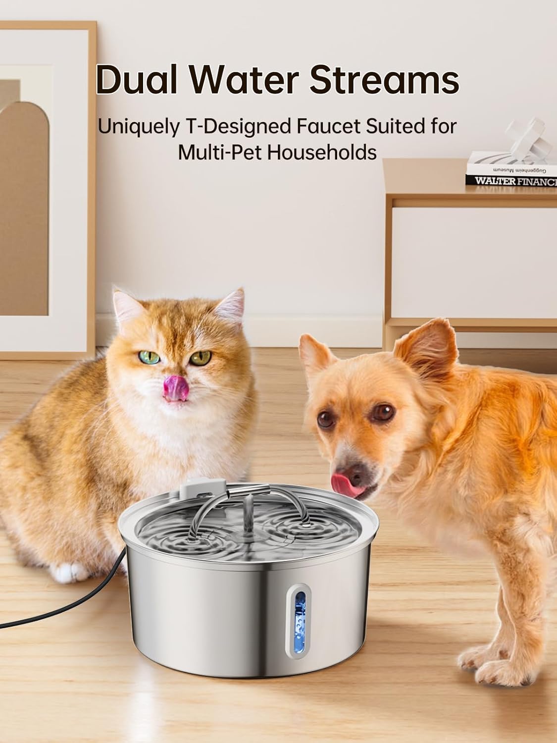 Cat Water Fountain Stainless Steel, 3.2L/108Oz Pet Water Fountain for Drinking, Automatic Metal Dog Water Dispenser Bowl with Quiet Pump, Dual-Stream, Filtration for Cats, Dogs, Multiple Pets Indoor · v6