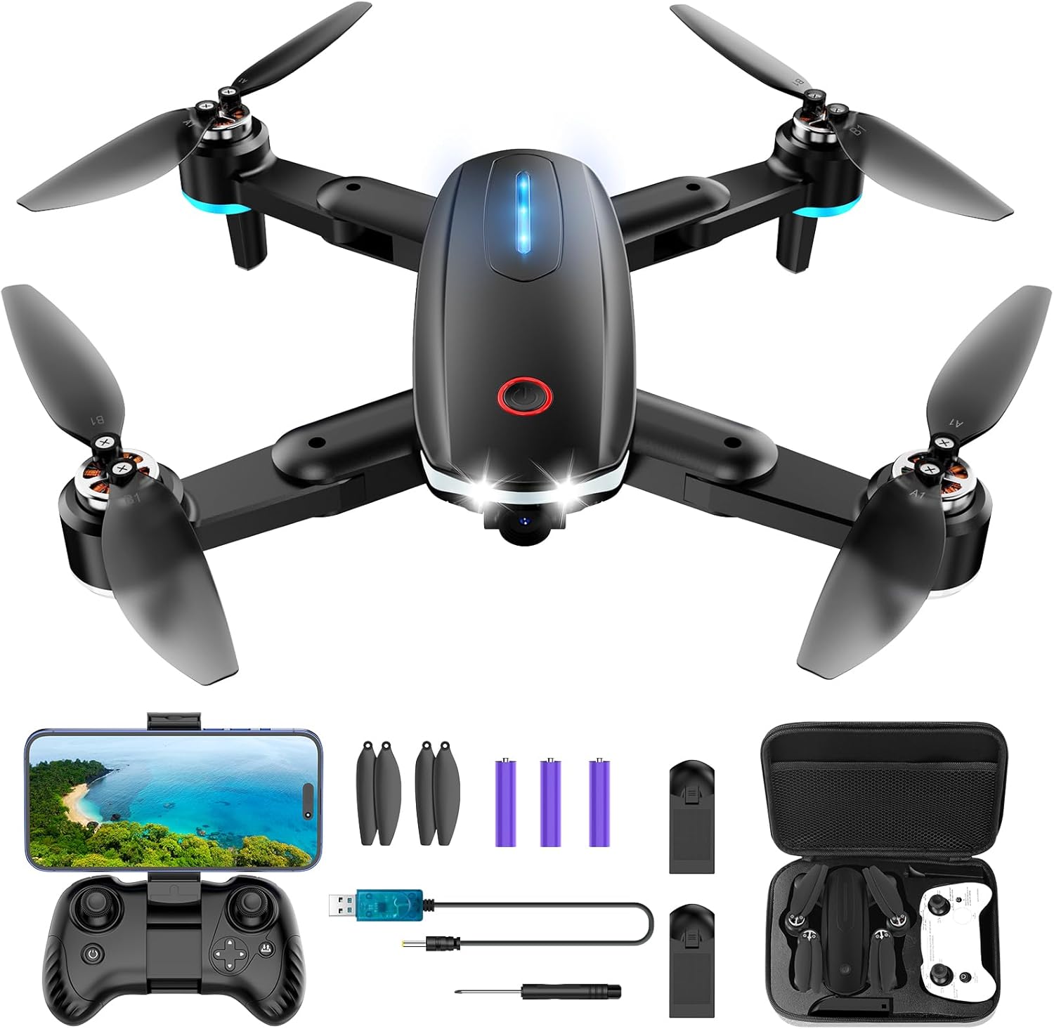 Drone con fotocamera, mini drone per bambini con fotocamera FPV HD 1080P, motore brushless, decollo/atterraggio con un tasto, posizionamento del flusso ottico, capovolgimento a 360°, Waypoint Fly, Selfie con gesti, 3 velocità, 2 batterie, giocattoli per principianti