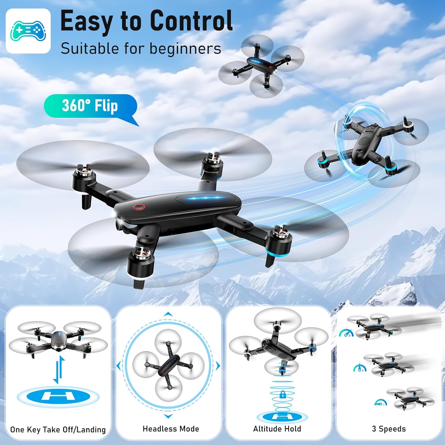Drone with Camera, Mini Drone for Kids with 1080P HD FPV Camera, Brushless Motor, One Key Take Off/Land, Optical Flow Positioning, 360°Flip, Waypoint Fly, Gestures Selfie, 3 Speeds, 2 Batteries, Toys for Beginners · v4