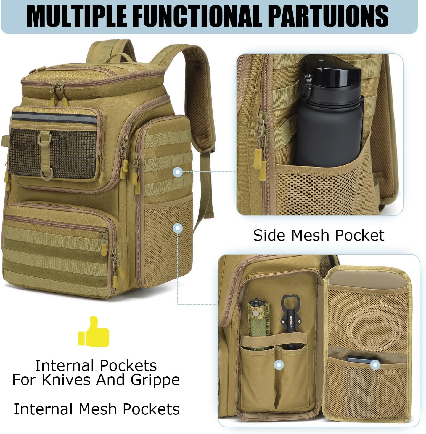 Sac à dos de pêche HAMBOLY avec porte-cannes à pêche, sac à dos de 40 L pour matériel de pêche, sac de pêche imperméable pour homme