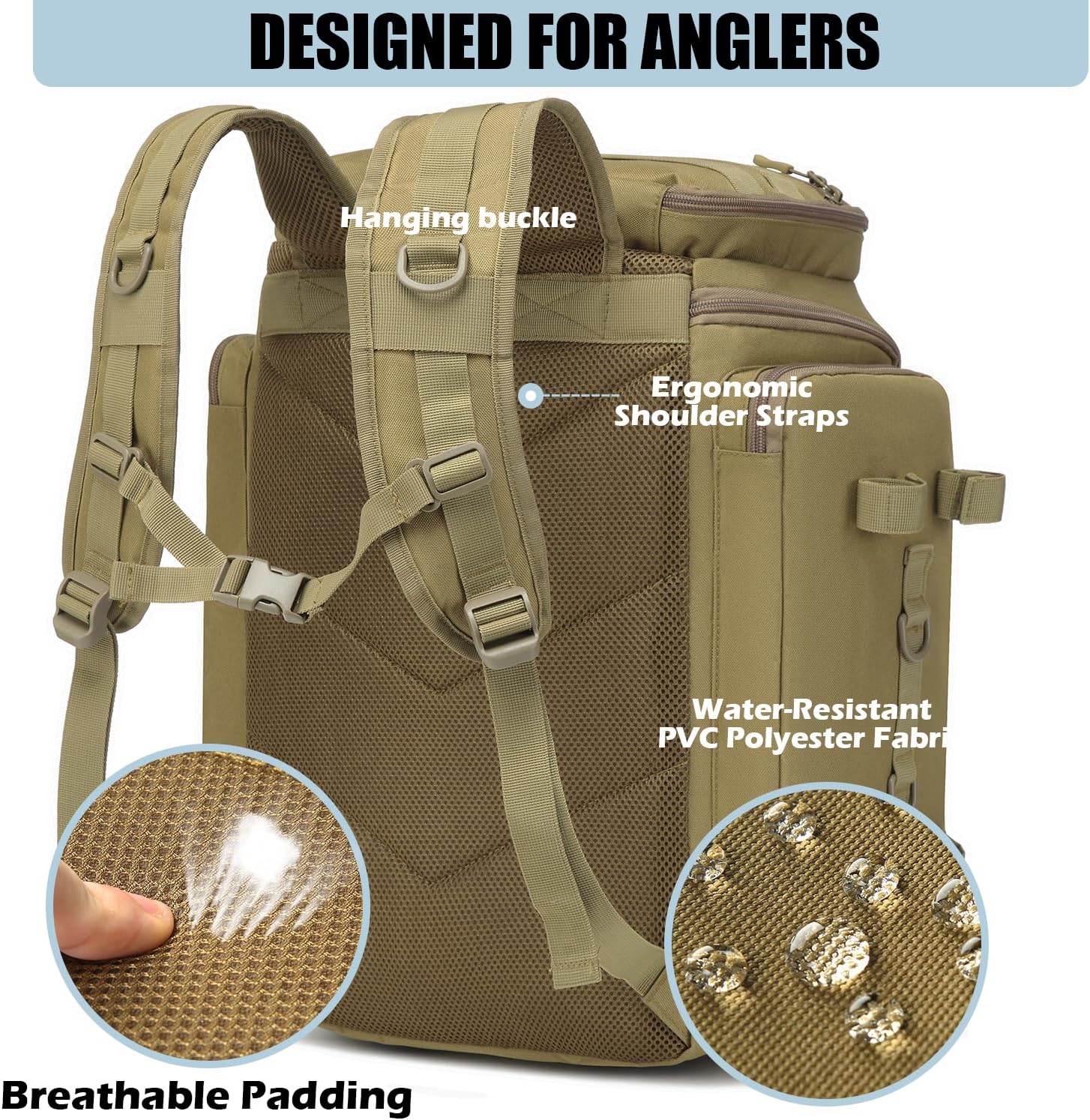 Sac à dos de pêche HAMBOLY avec porte-cannes à pêche, sac à dos de 40 L pour matériel de pêche, sac de pêche imperméable pour homme