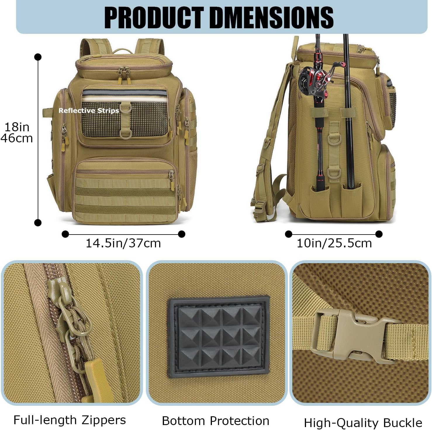 Sac à dos de pêche HAMBOLY avec porte-cannes à pêche, sac à dos de 40 L pour matériel de pêche, sac de pêche imperméable pour homme