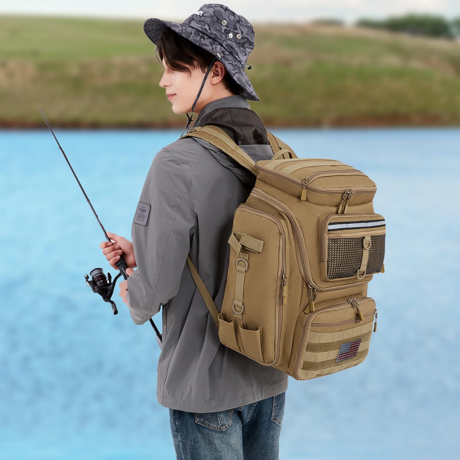 Sac à dos de pêche HAMBOLY avec porte-cannes à pêche, sac à dos de 40 L pour matériel de pêche, sac de pêche imperméable pour homme