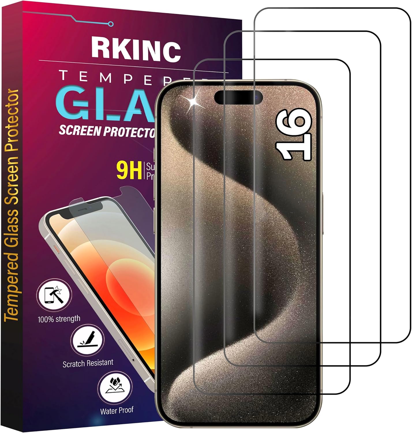 Protecteur d'écran RKINC [lot de 3] pour iPhone 16, film de protection d'écran en verre trempé, 0,33 mm [Garantie à vie] [Sans bulles] [Anti-rayures] [Anti-éclats]