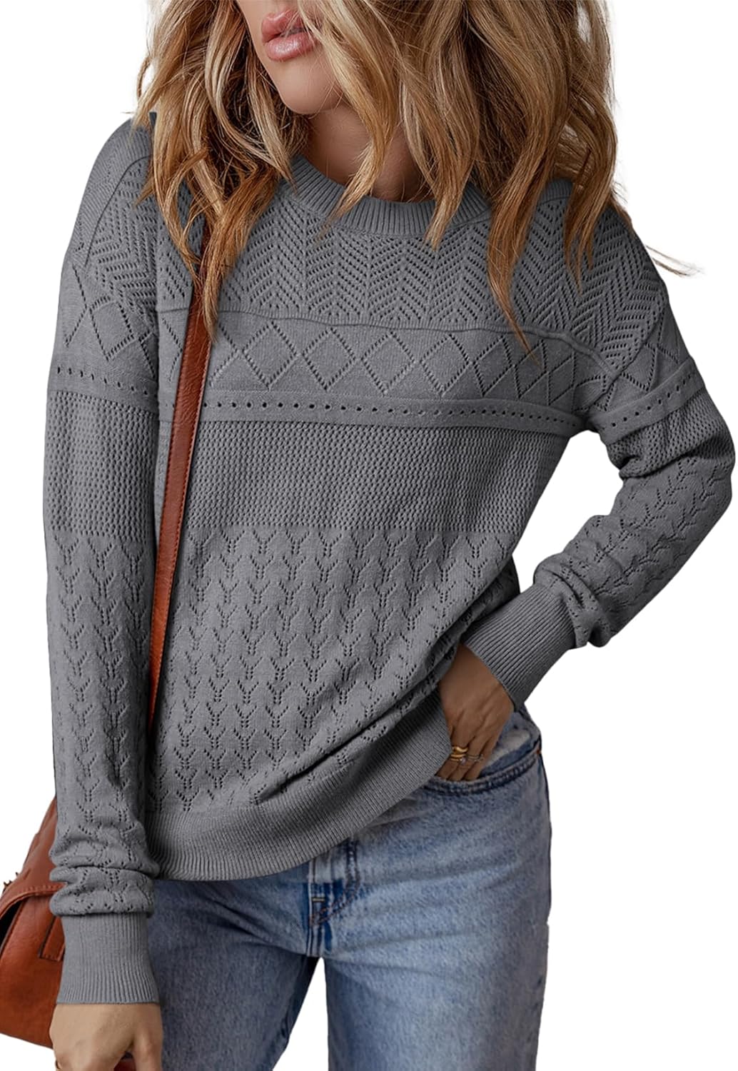 SHEWIN Sweaters for Women Casual Crew Neck Long Sleeve Crochet Pullover Tops Sweater · v3