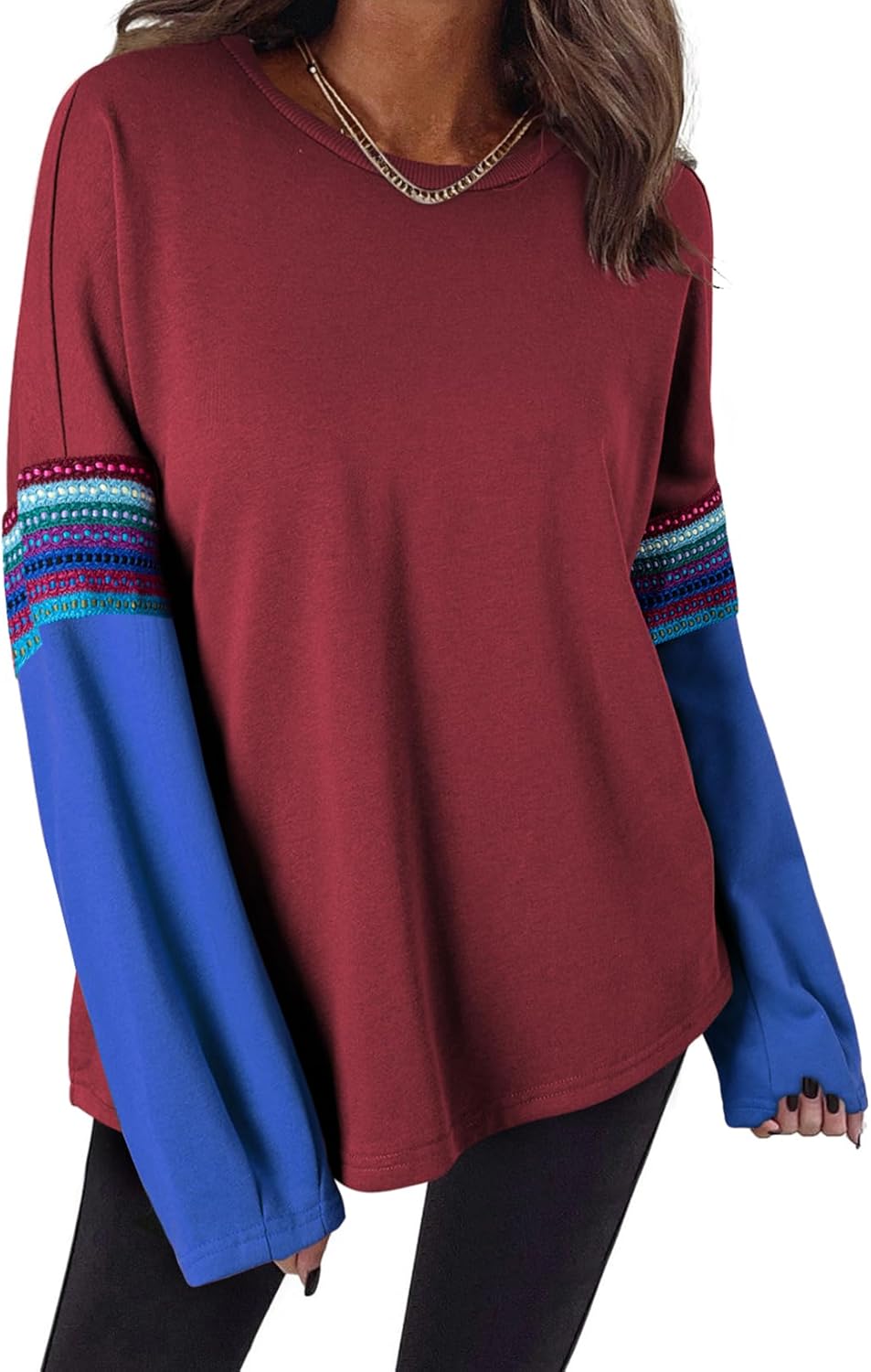 SHEWIN Damen-Sweatshirt, lässig, langärmlig, Rundhalsausschnitt, Farbblock-Pullover, Hemden und Oberteile