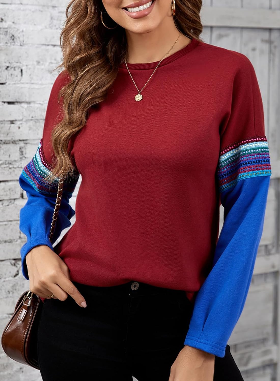 SHEWIN Damen-Sweatshirt, lässig, langärmlig, Rundhalsausschnitt, Farbblock-Pullover, Hemden und Oberteile