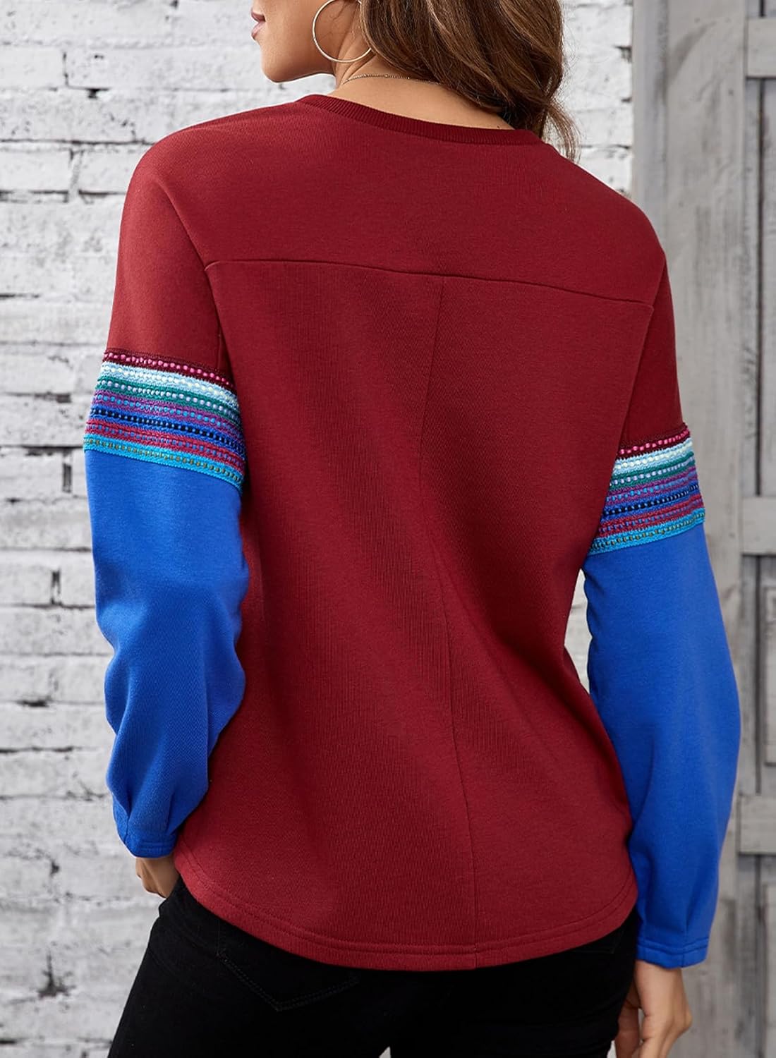 SHEWIN Damen-Sweatshirt, lässig, langärmlig, Rundhalsausschnitt, Farbblock-Pullover, Hemden und Oberteile