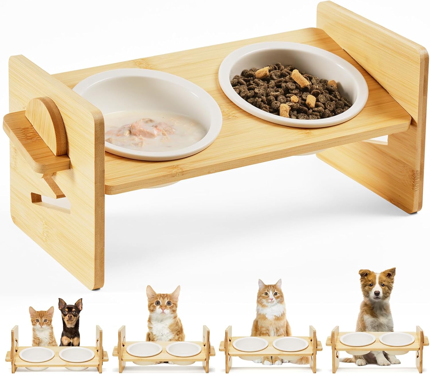 Mangkuk Makanan Kucing Keramik Mangkuk Kucing Tinggi 15° Mangkuk Kucing Tinggi untuk Kucing Dalam Ruangan Anjing Kecil Mangkuk Kucing Kelelahan Kumis Bambu Alami, Set Mangkuk Makanan dan Air Kucing Anti Muntah, Aman untuk Mesin Pencuci Piring