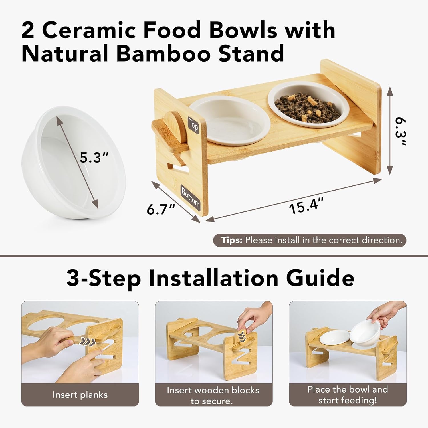 Cat Food Bowl Ceramic Elevated Cat Bowls 15° Raised Cat Bowl for Indoor Cats  Small Dogs Natural Bamboo Whisker Fatigue Cat Bowl, Anti Vomitting Cat Food and Water Bowl Set, Dishwasher Safe · v2
