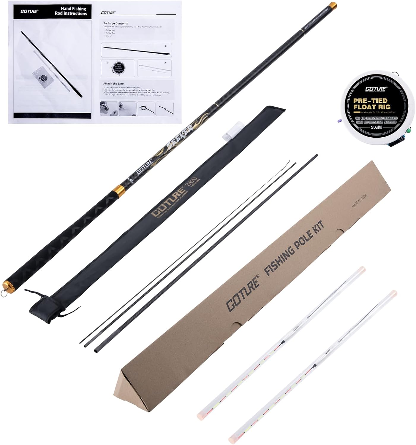 Goture Tenkara 낚싯대 키트, 텔레스코픽 휴대용 접이식 농어 크래피 메기 낚싯대, 30T 탄소 섬유 해안 스트림 송어 낚싯대, Seeker 시리즈 낚싯대 12 14.4 18 20.3 22.7 피트 팁 세트 포함