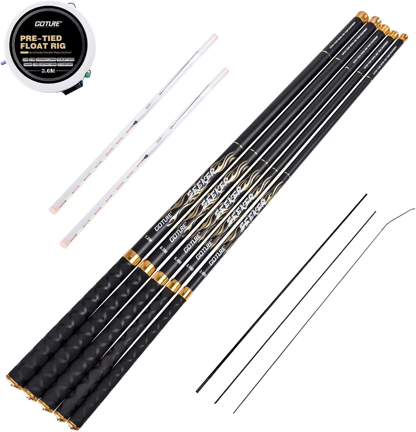 Goture Tenkara Angelruten-Set, tragbare, zusammenklappbare Bass-Crappie-Welsrute, 30-t-Karbonfaser-Forellenrute an der Küste, Seeker-Serie, Angelrute 12 14,4 18 20,3 22,7 Fuß mit Spitzensatz