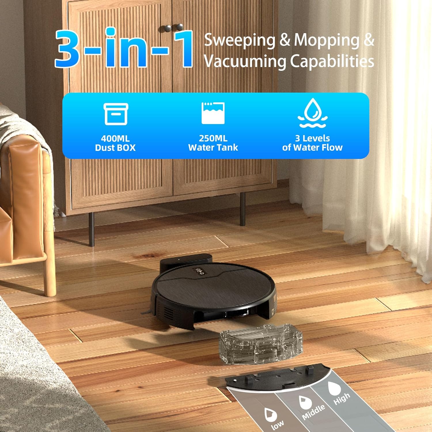 Robot Süpürge ve Paspas Kombinasyonu, Robot Elektrikli Süpürge, 6 Temizleme Modu, Büyük Kapasiteli Su Deposu Çöp Kovası, Kendinden Şarj, WIFI/APP/Alexa, Sert Zemin, Halı, Evcil Hayvan Kılı için İdeal
